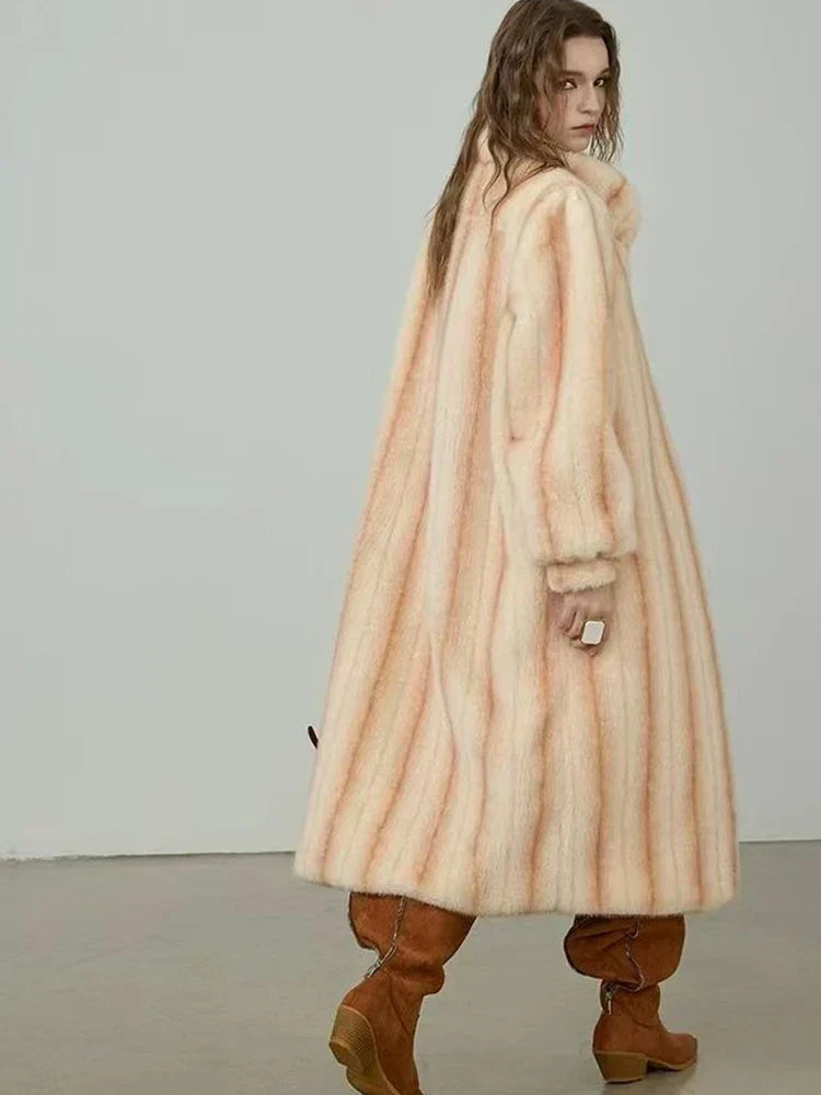 Elegant Standing Collar Faux Fur Mink Overcoat