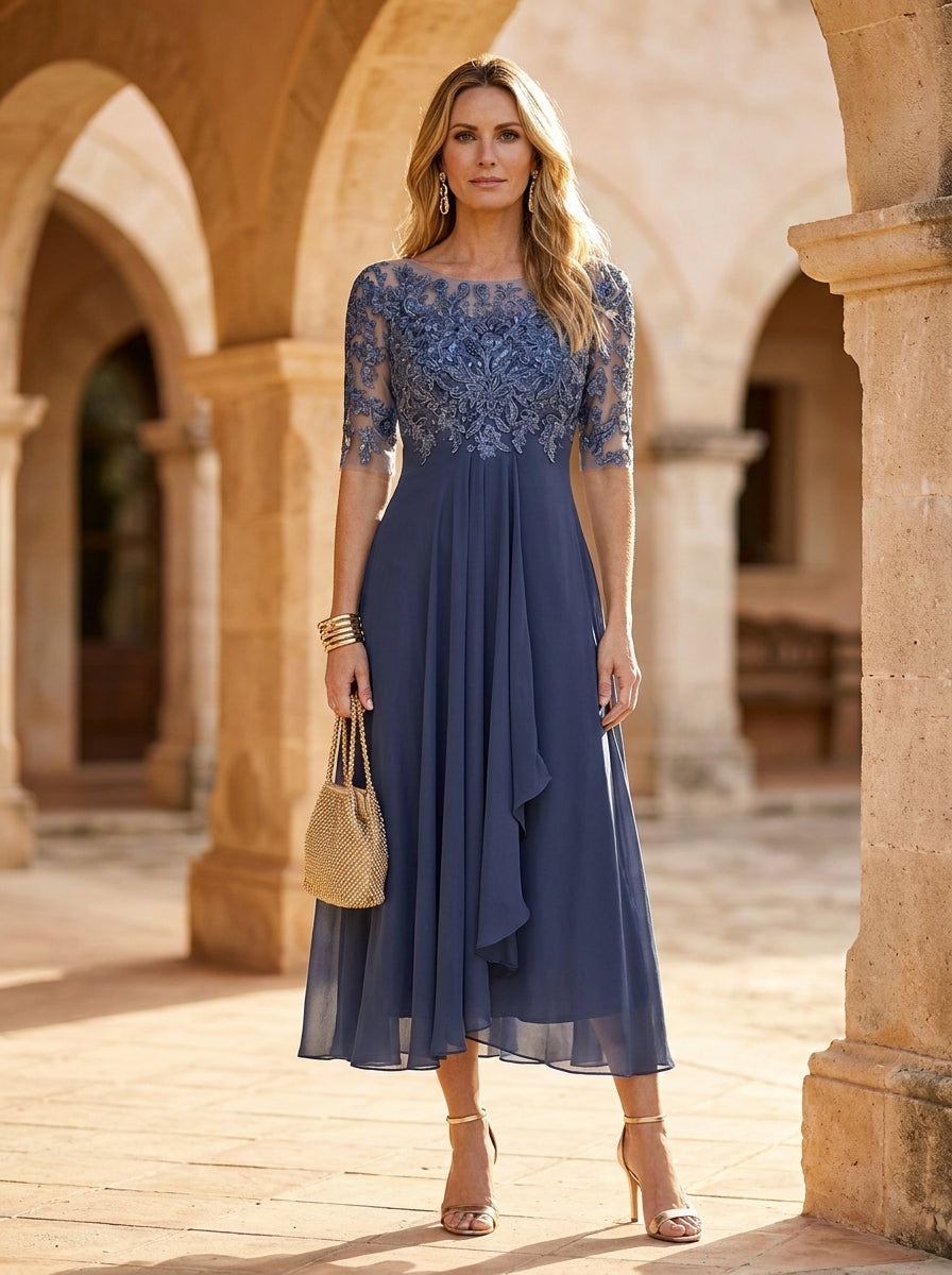 Lace Bodice Short Sleeve Chiffon A-Line Midi Dress Wedding Guest 3