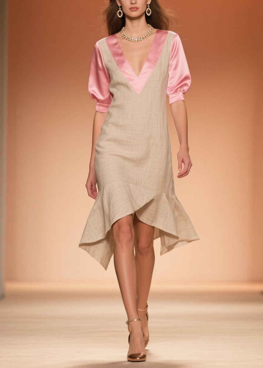 Faux Two-Piece Deep V-Neck Short Puff Sleeve Woven Midi Dress - View 5