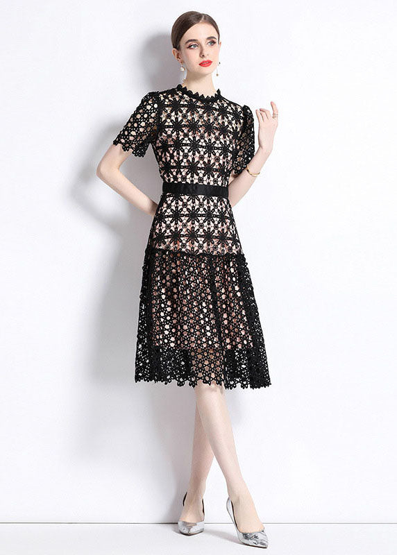 Lace Overlay Mock Neck Short Sleeve Belted Fit and Flare Dress