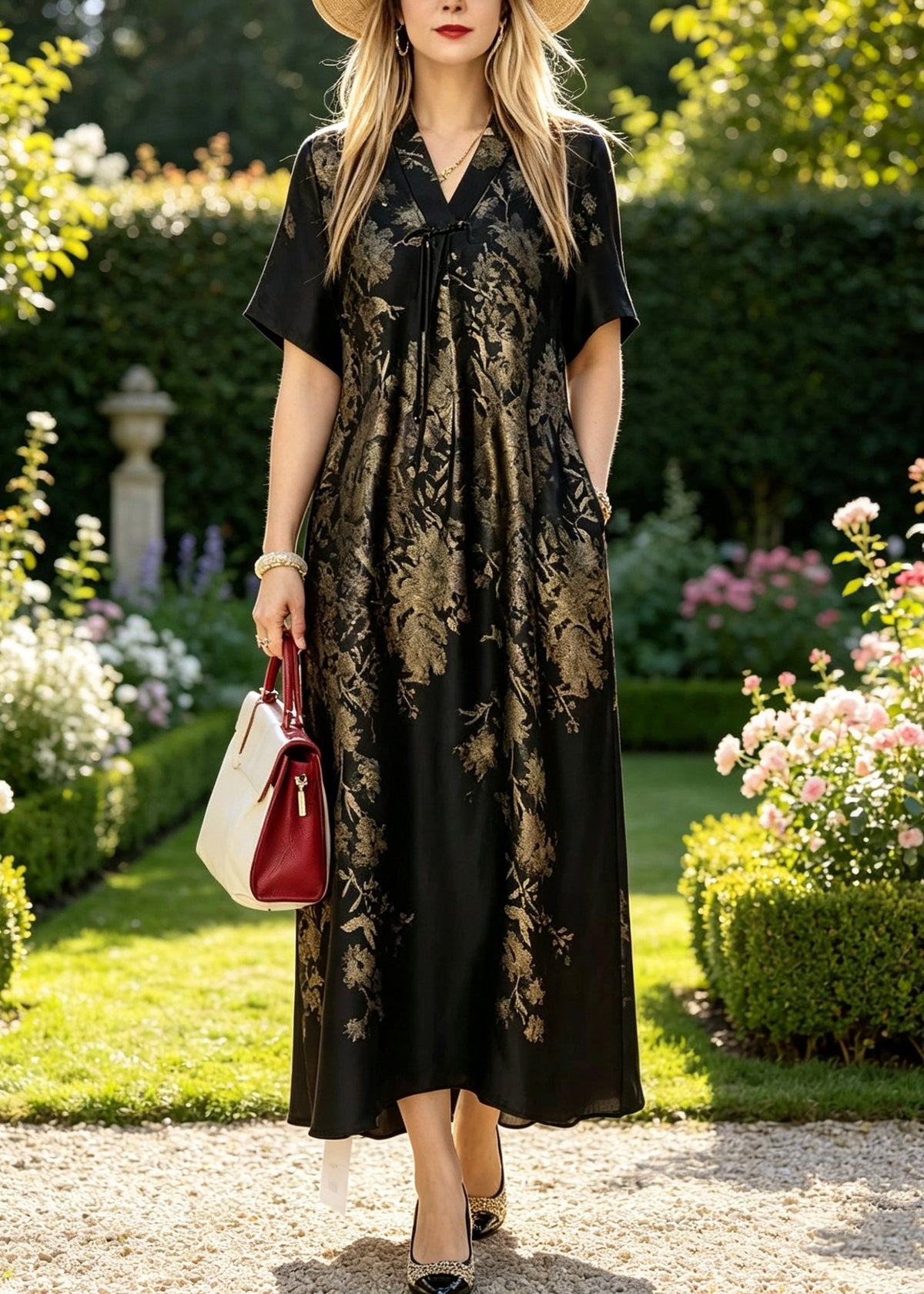 Metallic Floral Print V-Neck Drawstring Neck A-Line Maxi Dress