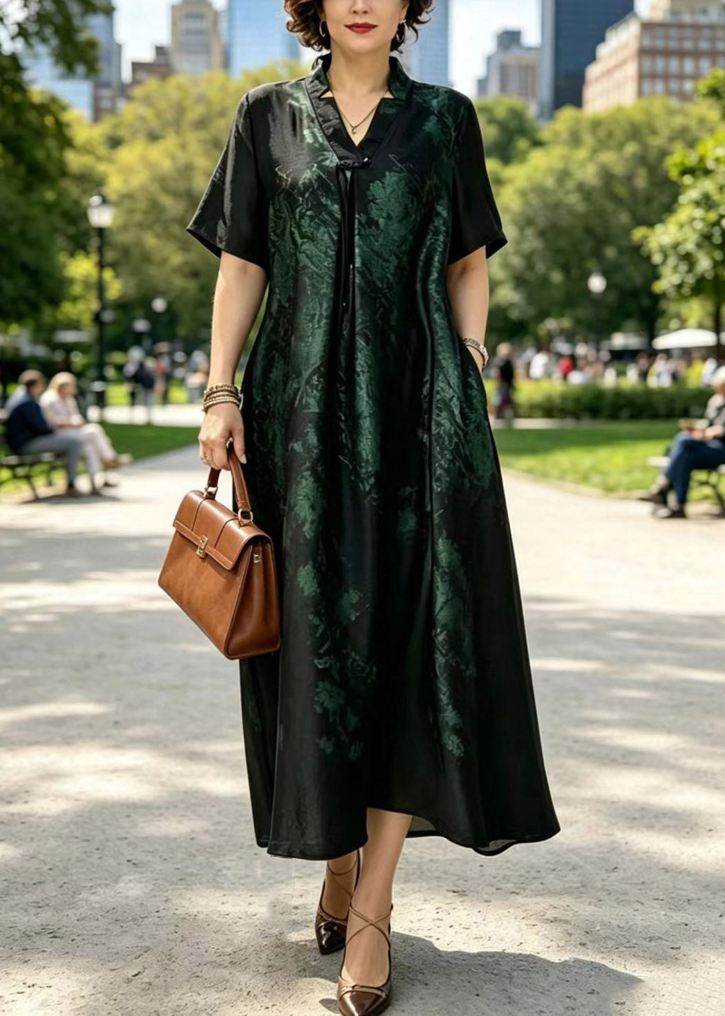 Metallic Floral Print V-Neck Drawstring Neck A-Line Maxi Dress - View 2