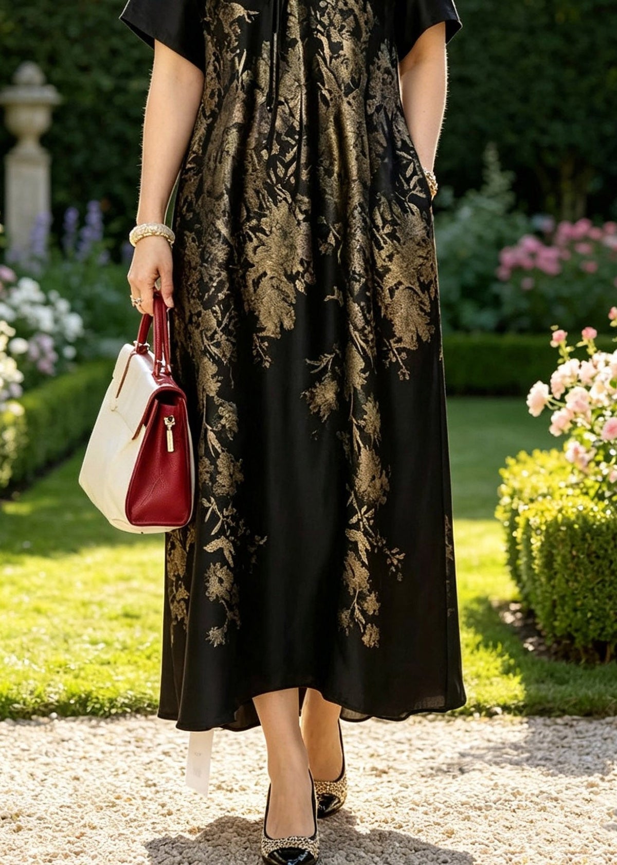 Metallic Floral Print V-Neck Drawstring Neck A-Line Maxi Dress - View 5