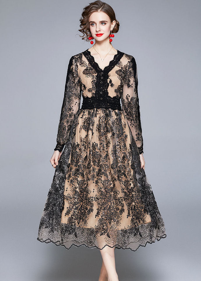 Women Black V Neck Embroidered Patchwork Tulle Dresses Long Sleeve