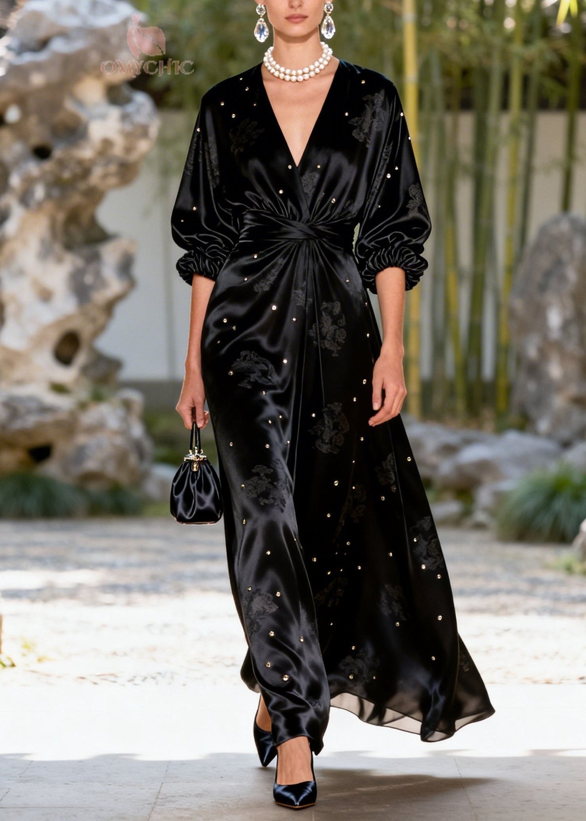 Jacquard Floral Deep V-Neck Wrap Waist Stud Embellished Maxi Gown - View 5