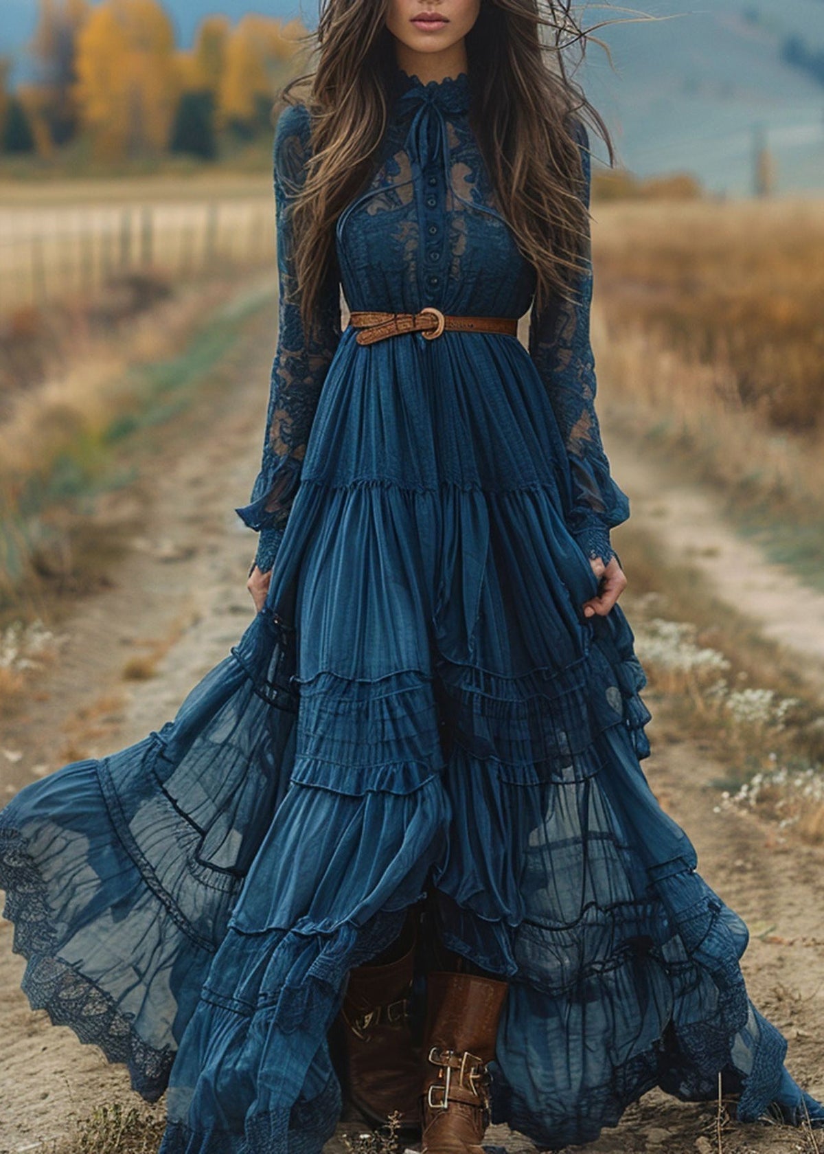 Women Blue Lace Ruffled Patchwork Cotton Robe Dresses Spring