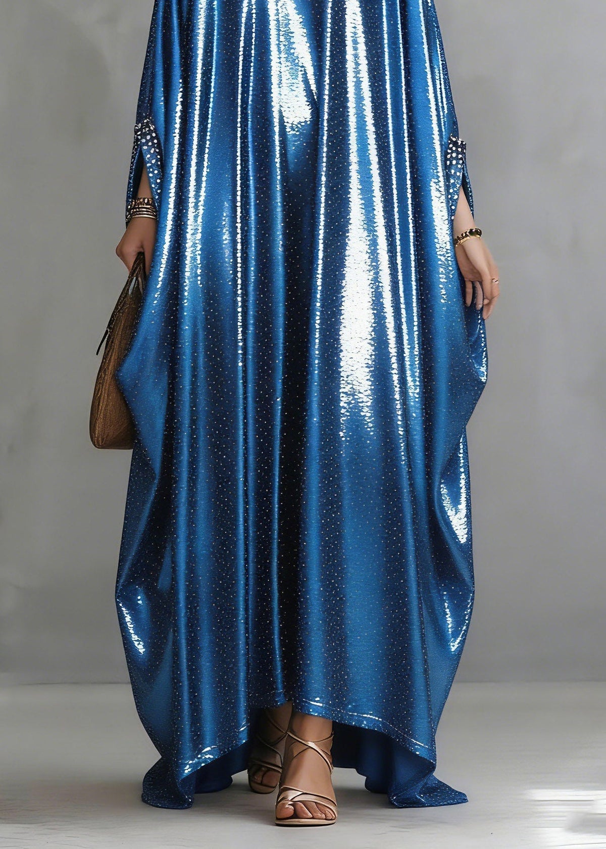 Satin Rhinestone Trim Glitter Wide Sleeve Kaftan Maxi Gown - View 4