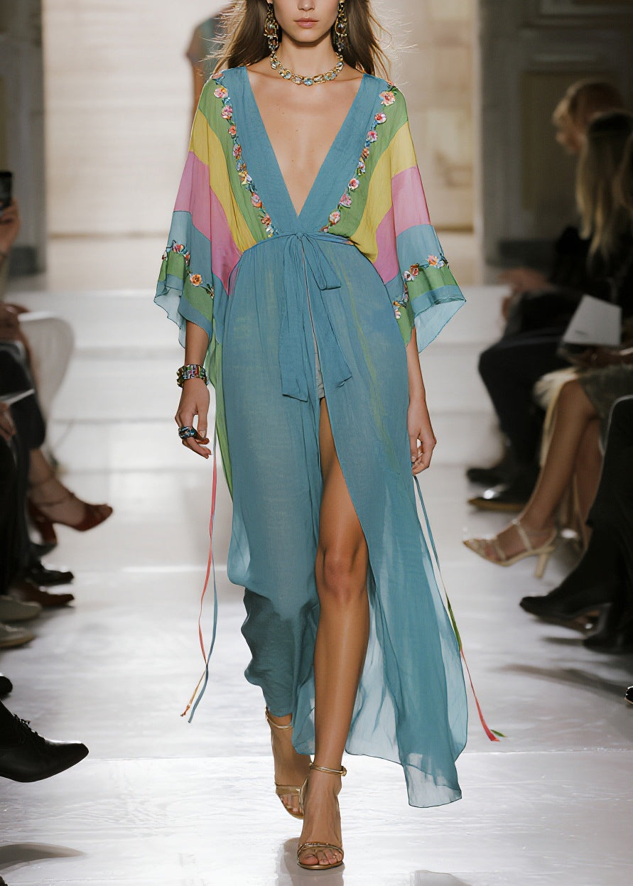 Floral Embroidery Deep V-Neck Sleeve Tie Waist Maxi Gown