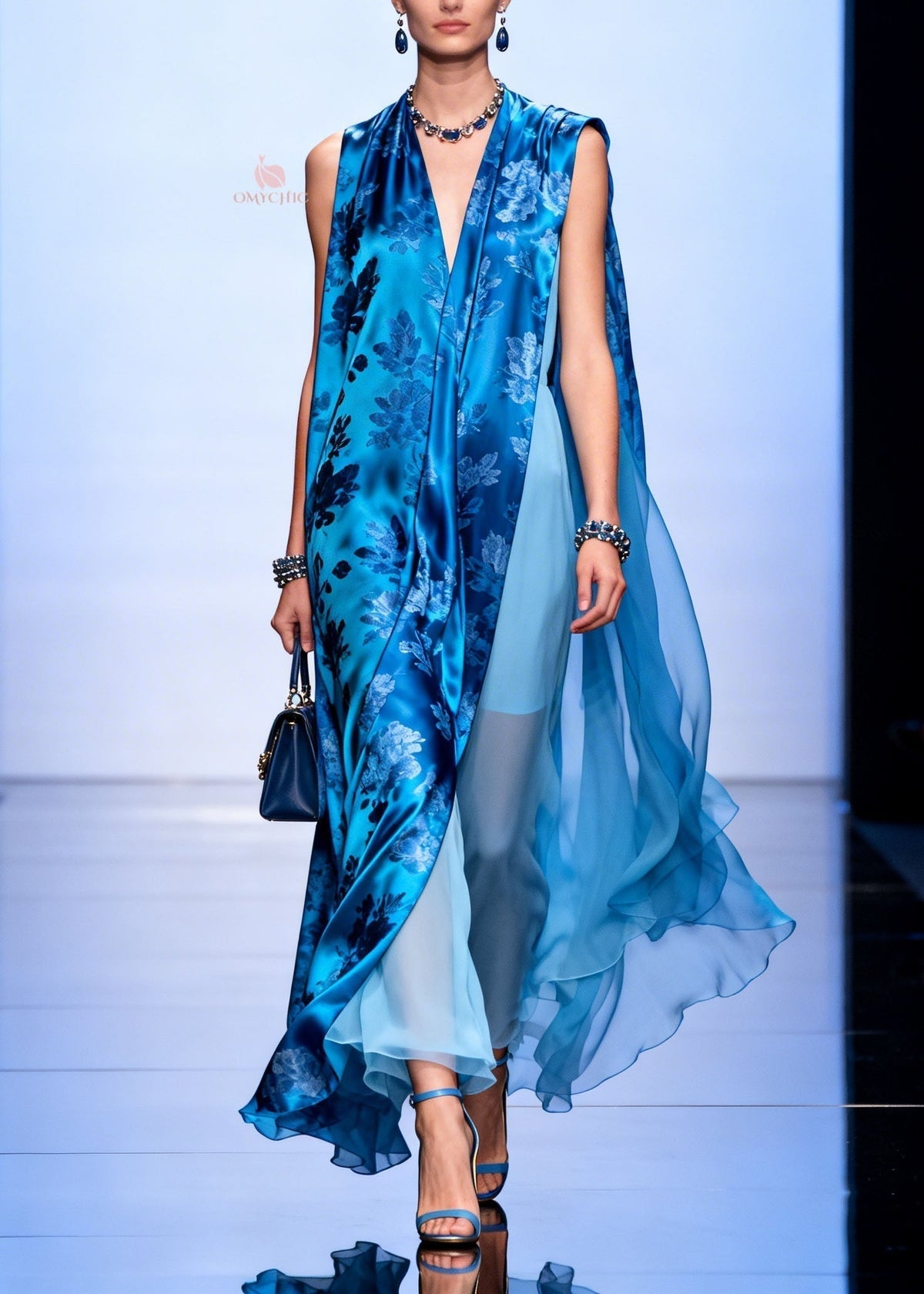 Chiffon Floral Print Sleeveless Deep V-Neck Sheer Cape Maxi Gown