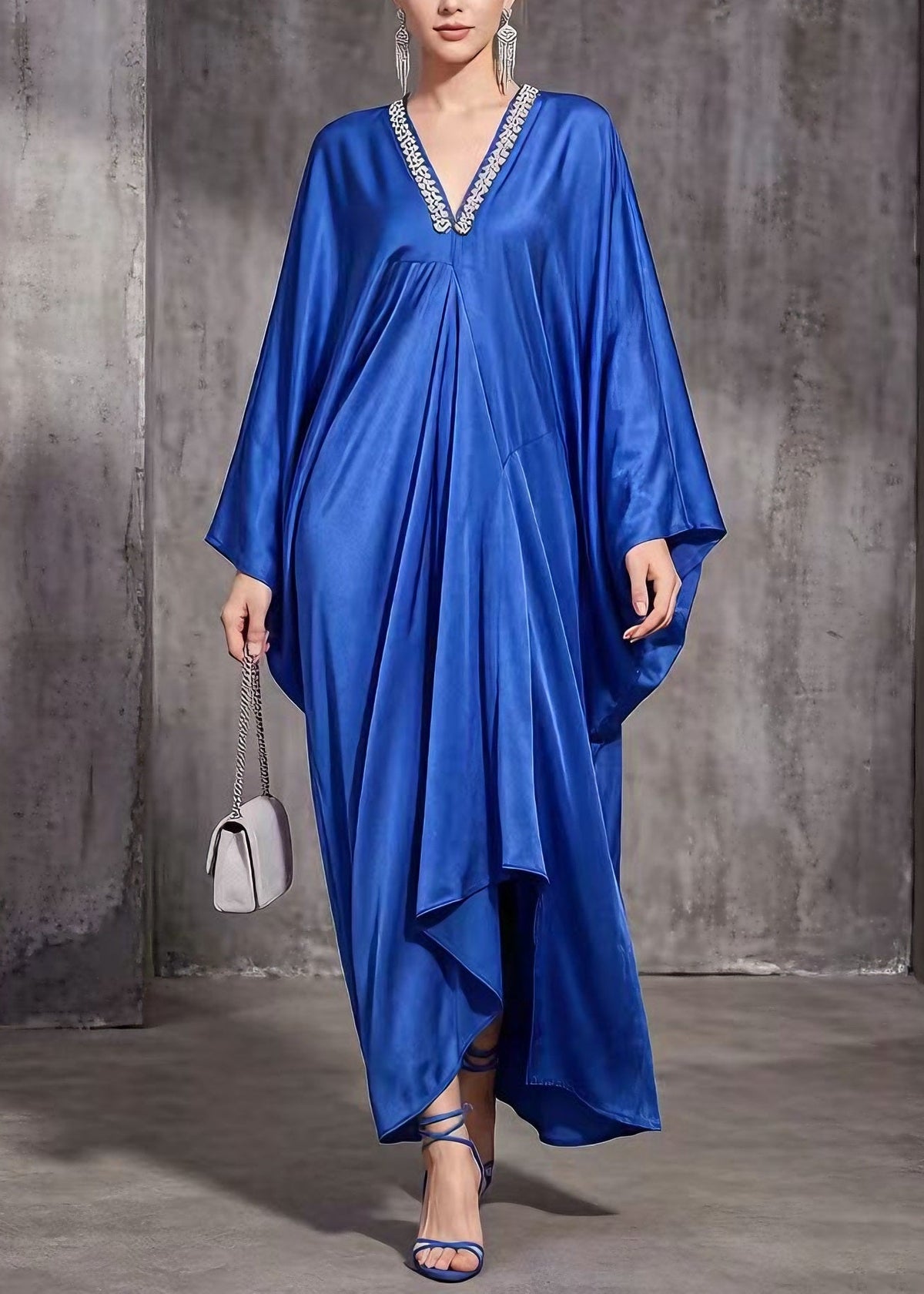 Satin Rhinestone Deep V-Neck Batwing Sleeve Draped Kaftan Maxi Gown - View 5