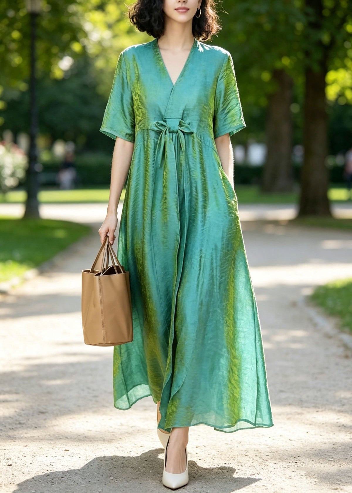 Metallic Crinkle V-Neck Tie Waist Short Sleeve Maxi Dress - View 5