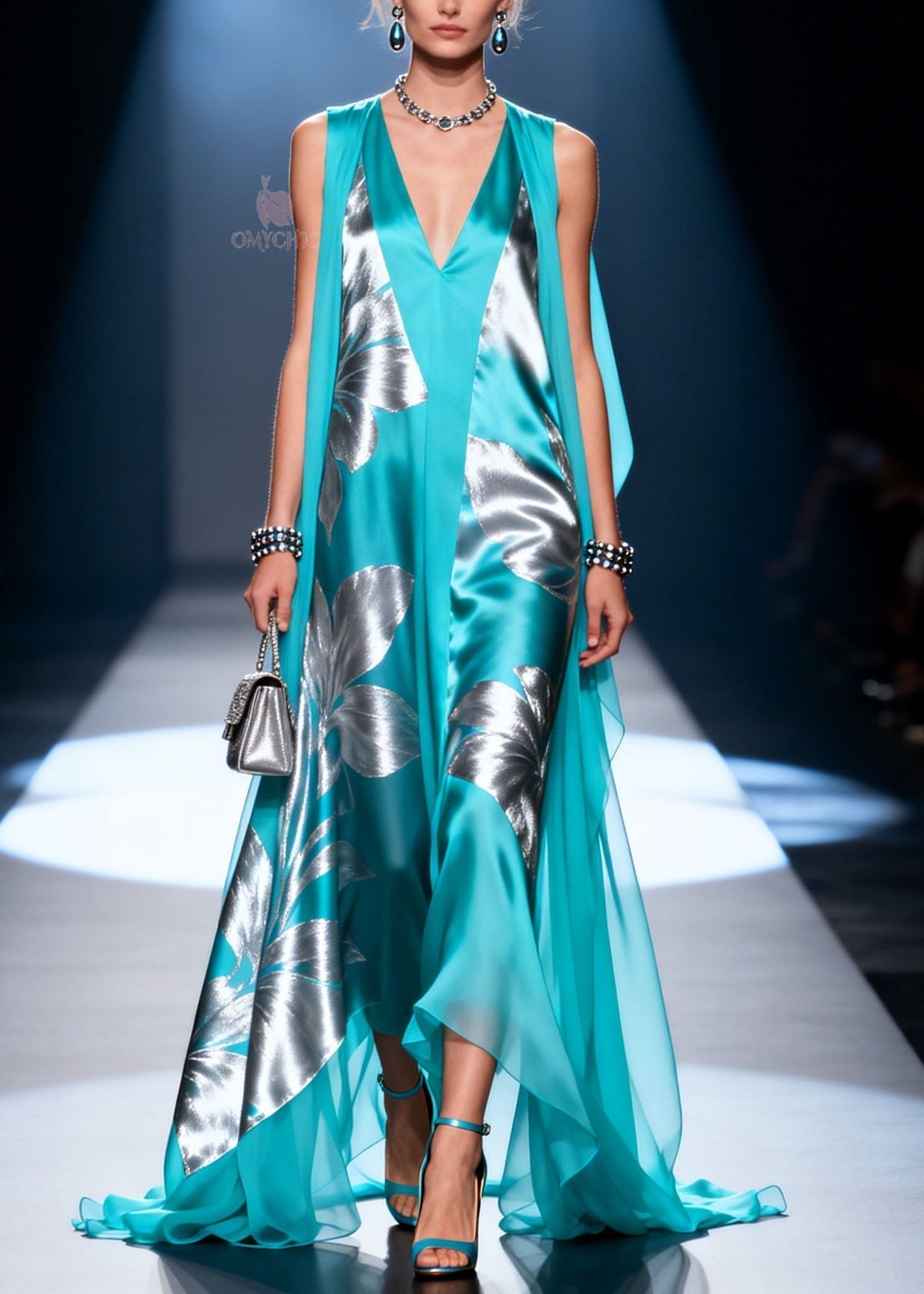 Satin Metallic Floral Deep V-Neck Sleeveless Sheer Cape Maxi Gown - View 3