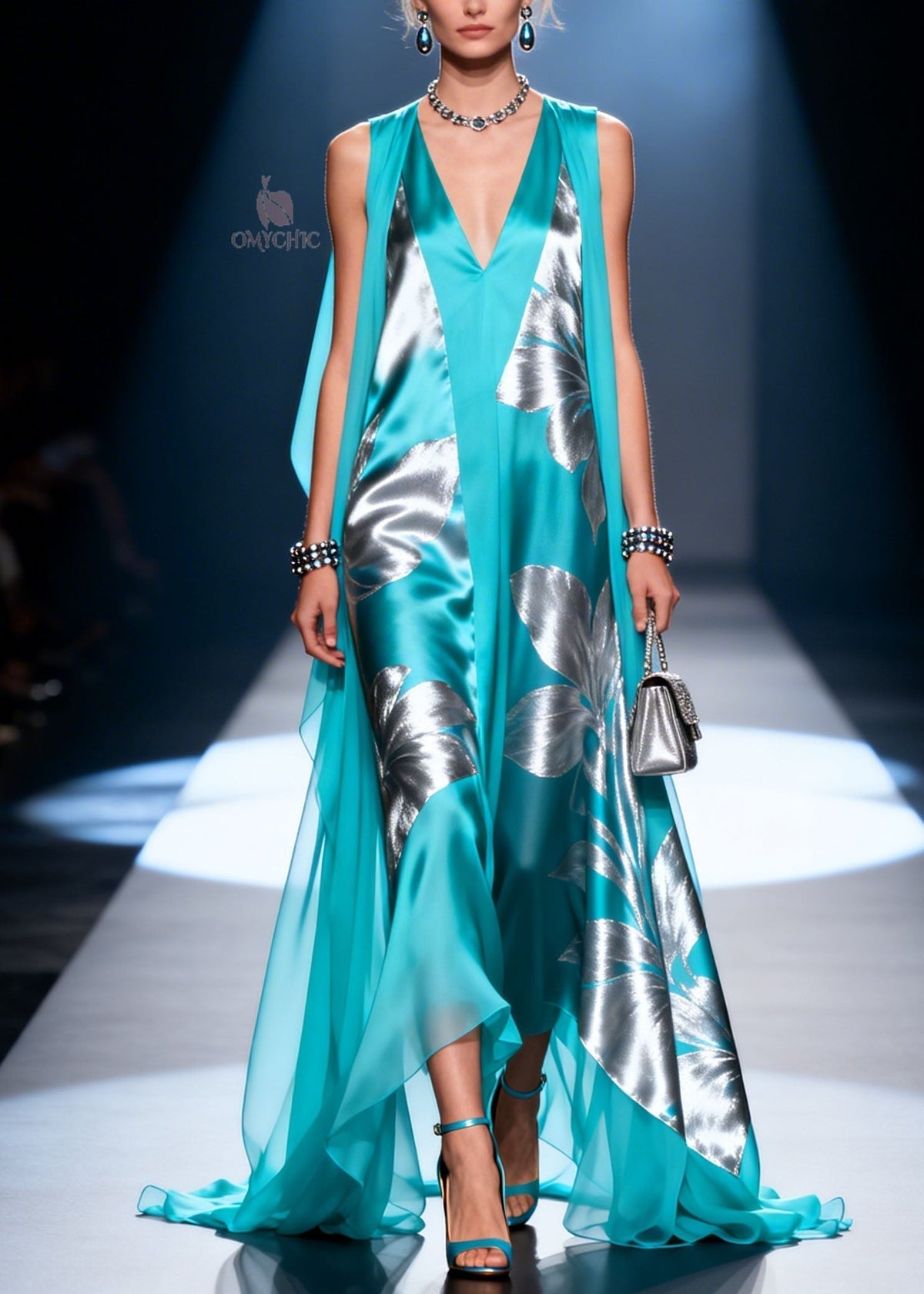 Satin Metallic Floral Deep V-Neck Sleeveless Sheer Cape Maxi Gown - View 5