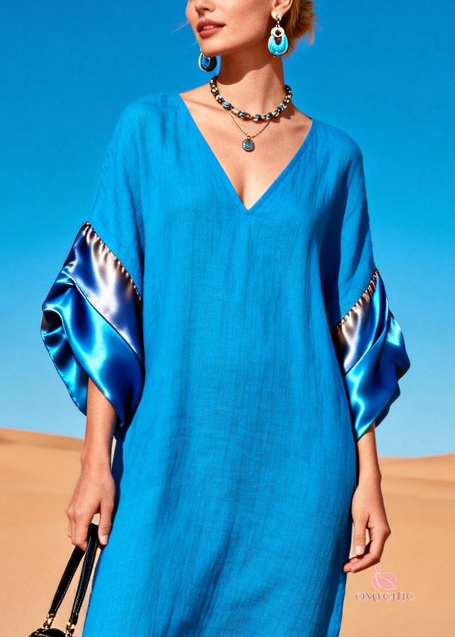V-Neck Wide Elbow Sleeve Satin Panel Oversized Kaftan Maxi Dress - View 2