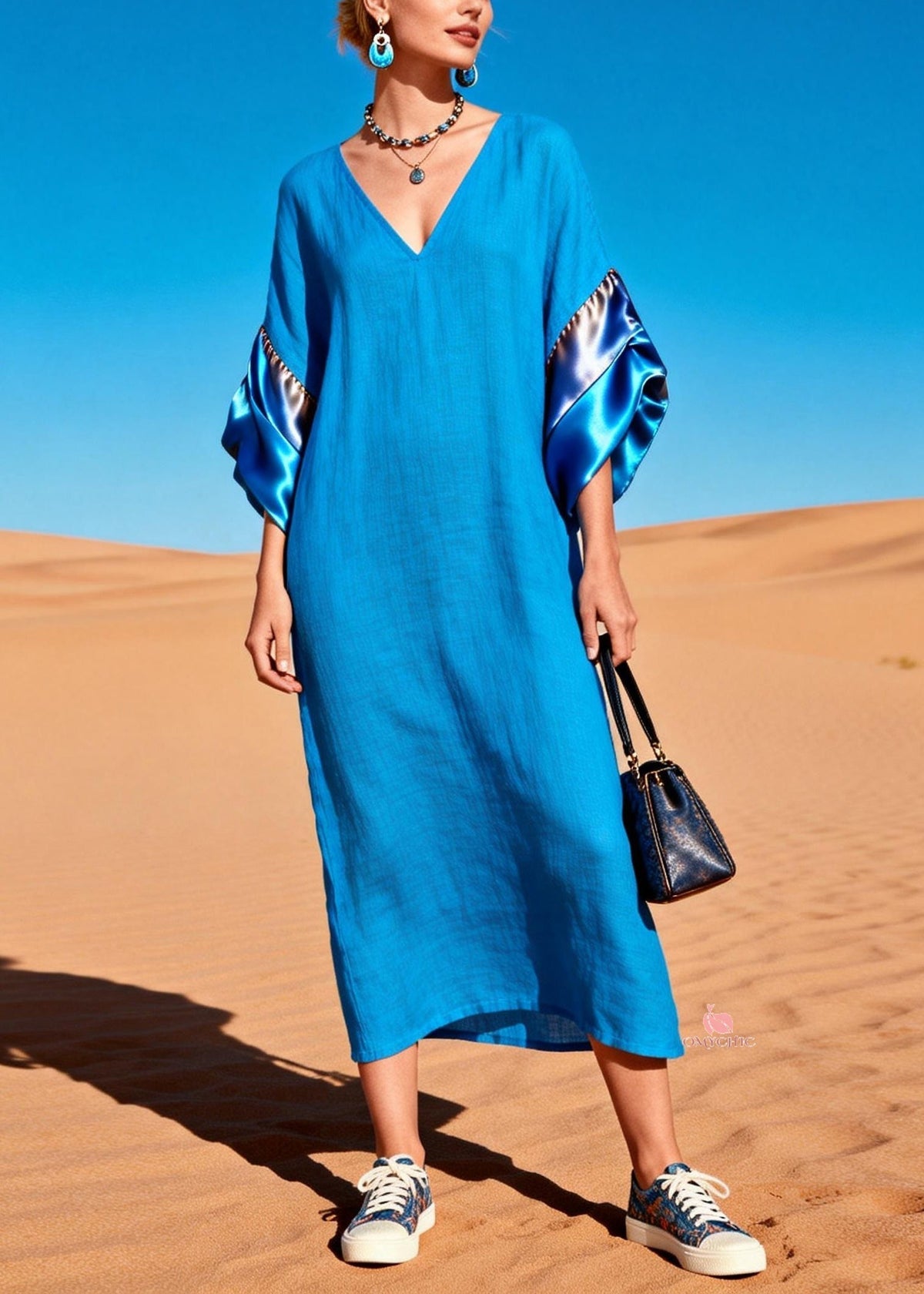 V-Neck Wide Elbow Sleeve Satin Panel Oversized Kaftan Maxi Dress - View 3