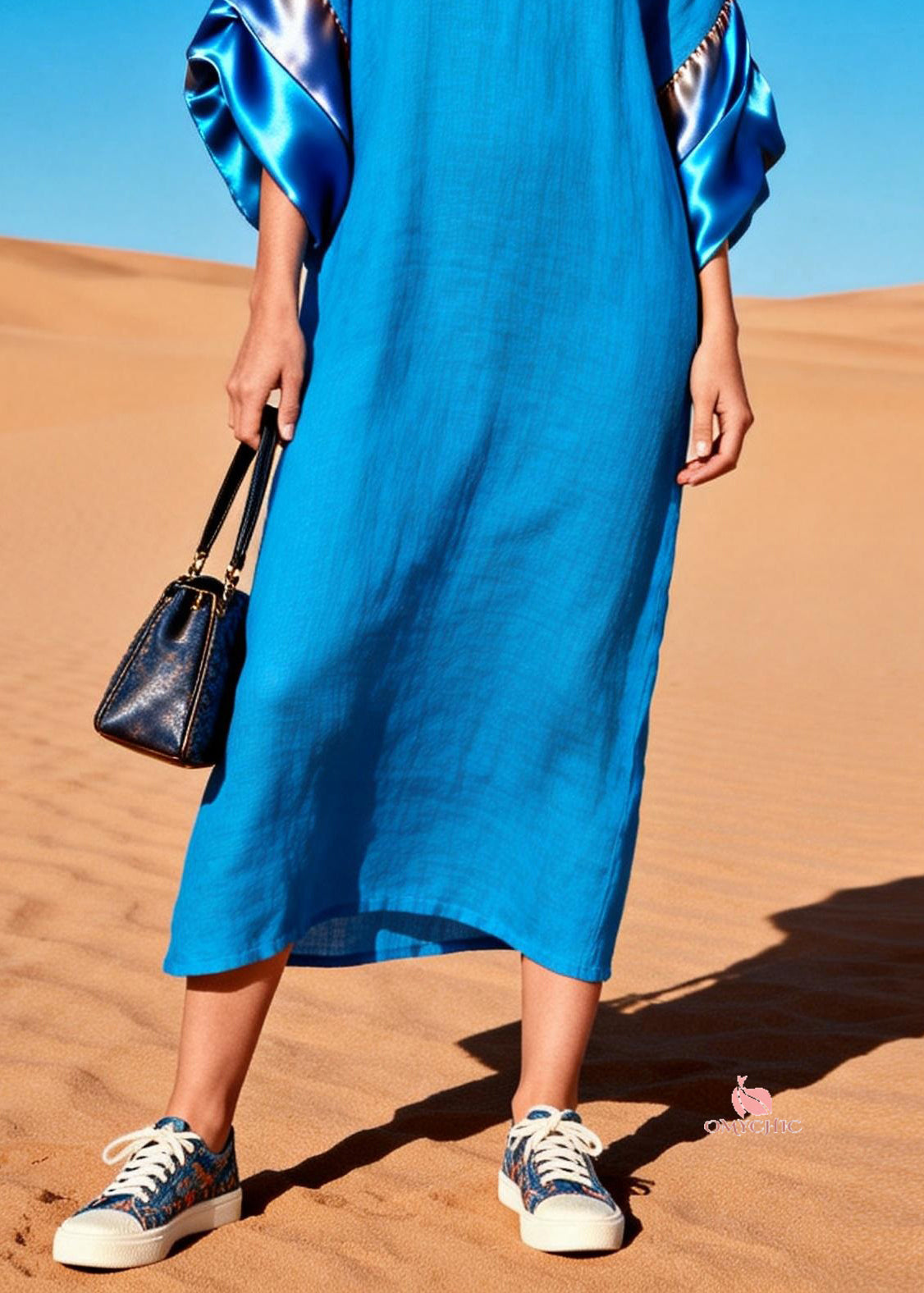 V-Neck Wide Elbow Sleeve Satin Panel Oversized Kaftan Maxi Dress - View 4