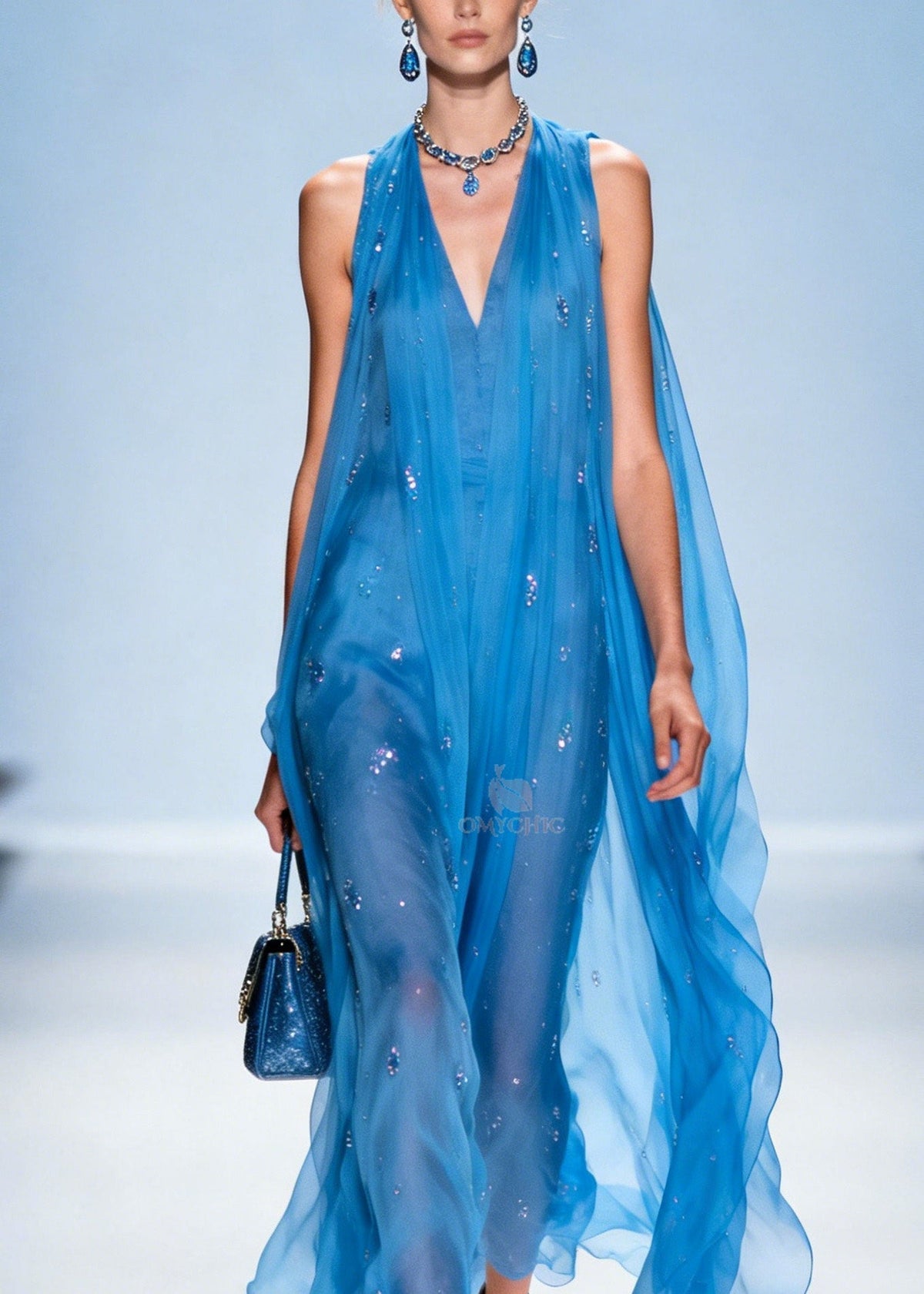 Sequin Deep V-Neck Halter Neck Sleeveless Sheer Cape Overlay Maxi Gown - View 2