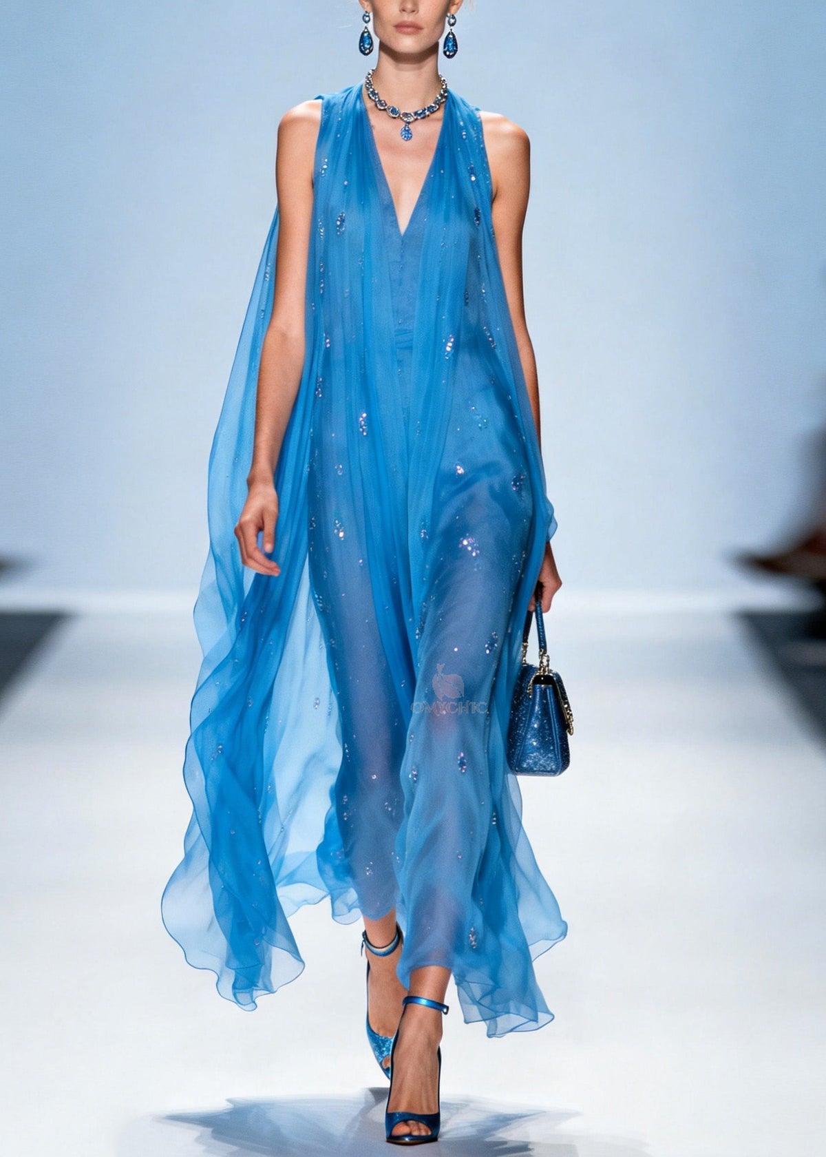 Sequin Deep V-Neck Halter Neck Sleeveless Sheer Cape Overlay Maxi Gown - View 3