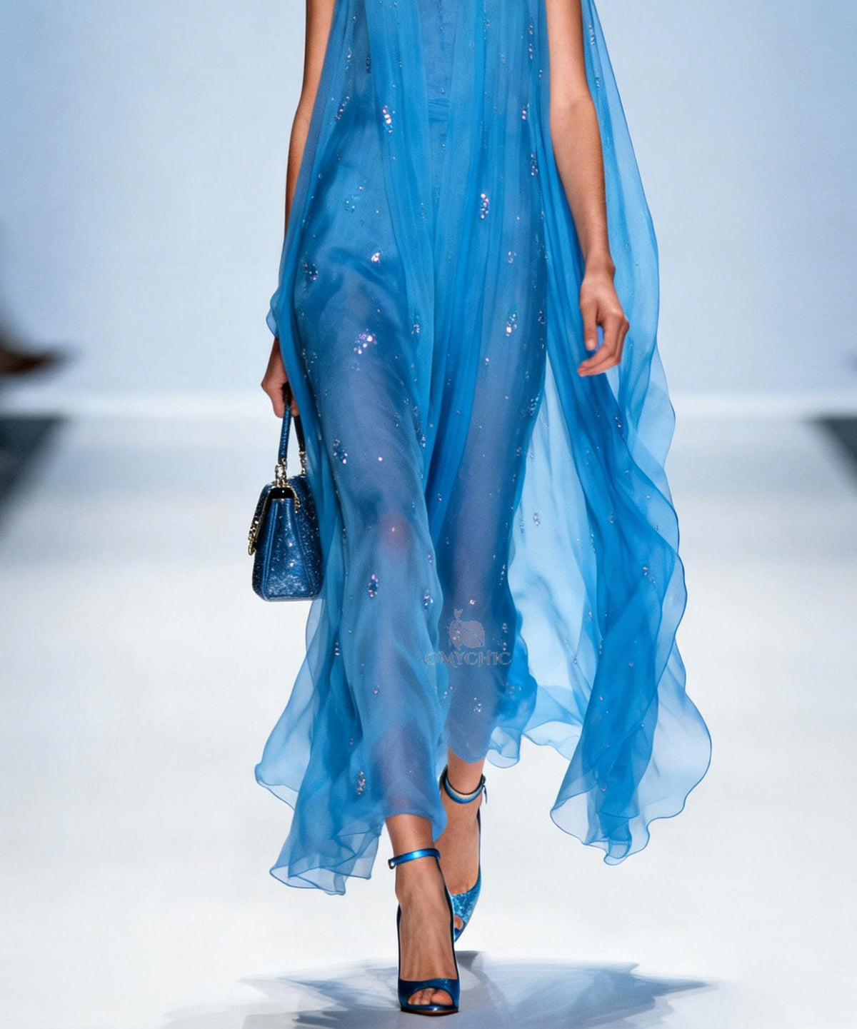Sequin Deep V-Neck Halter Neck Sleeveless Sheer Cape Overlay Maxi Gown - View 4