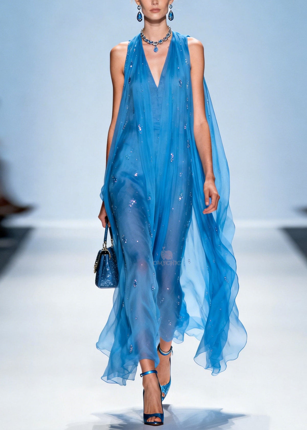 Sequin Deep V-Neck Halter Neck Sleeveless Sheer Cape Overlay Maxi Gown - View 5
