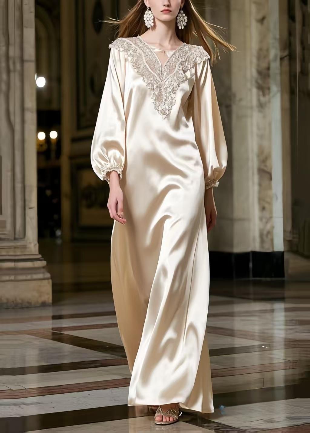 Satin Lace Collar Embroidered Bishop Sleeve Flowy Maxi Gown