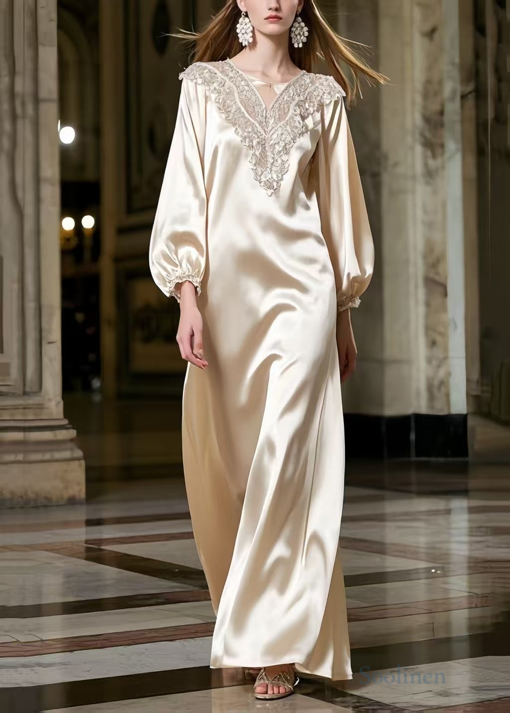 Satin Lace Collar Embroidered Bishop Sleeve Flowy Maxi Gown - View 5