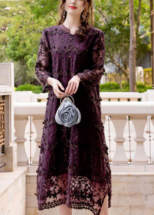 3D Floral Appliqué Embroidered Lace Mandarin Collar Midi Dress - View 3