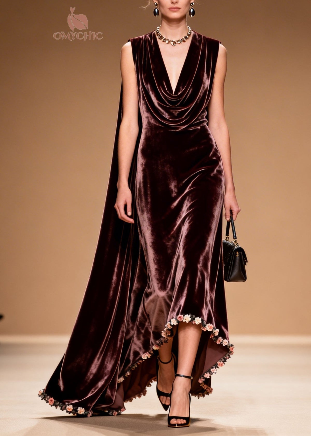 Velvet Cowl Neck Sleeveless High Low 3D Floral Applique Gown