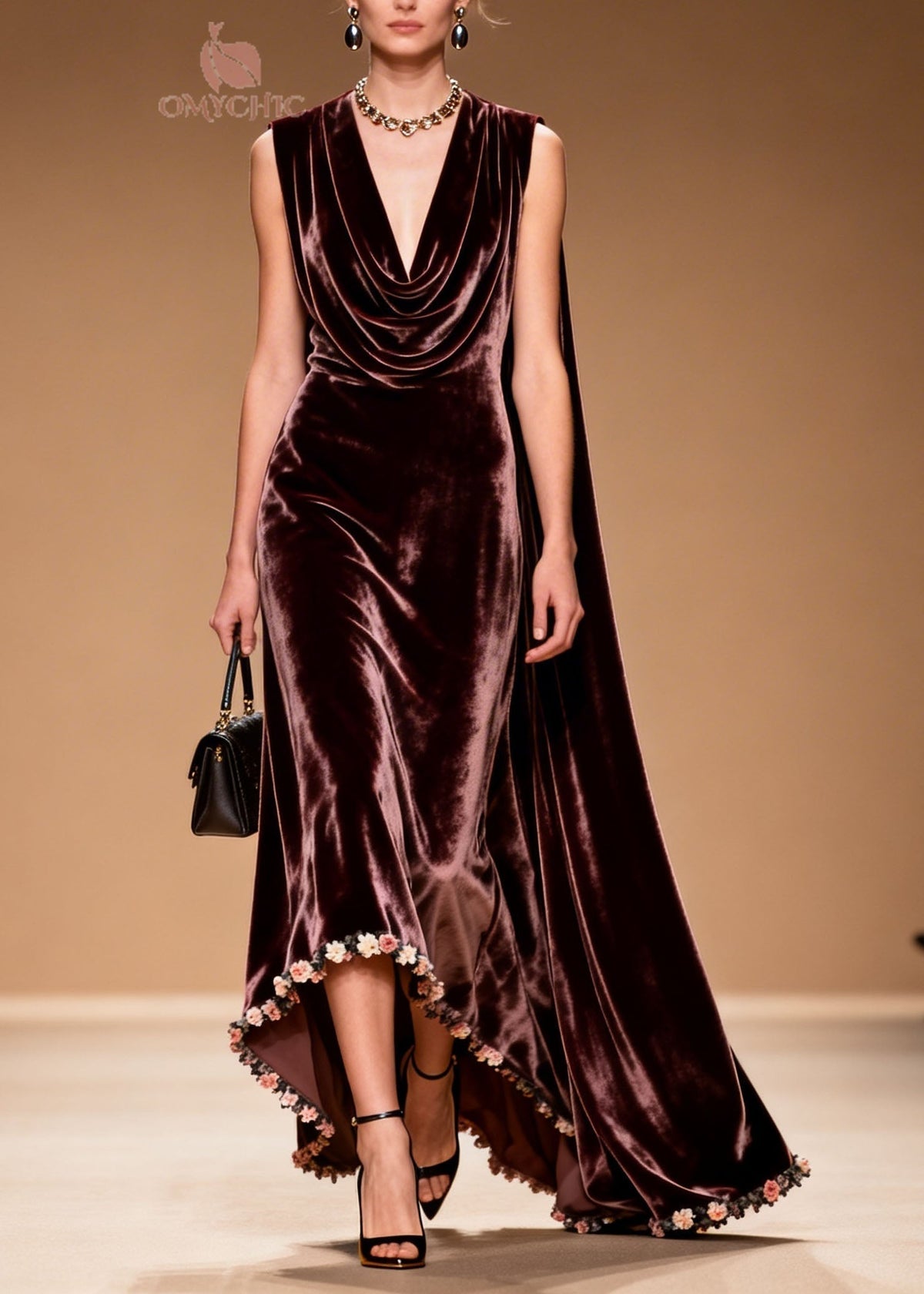 Velvet Cowl Neck Sleeveless High Low 3D Floral Applique Gown - View 3