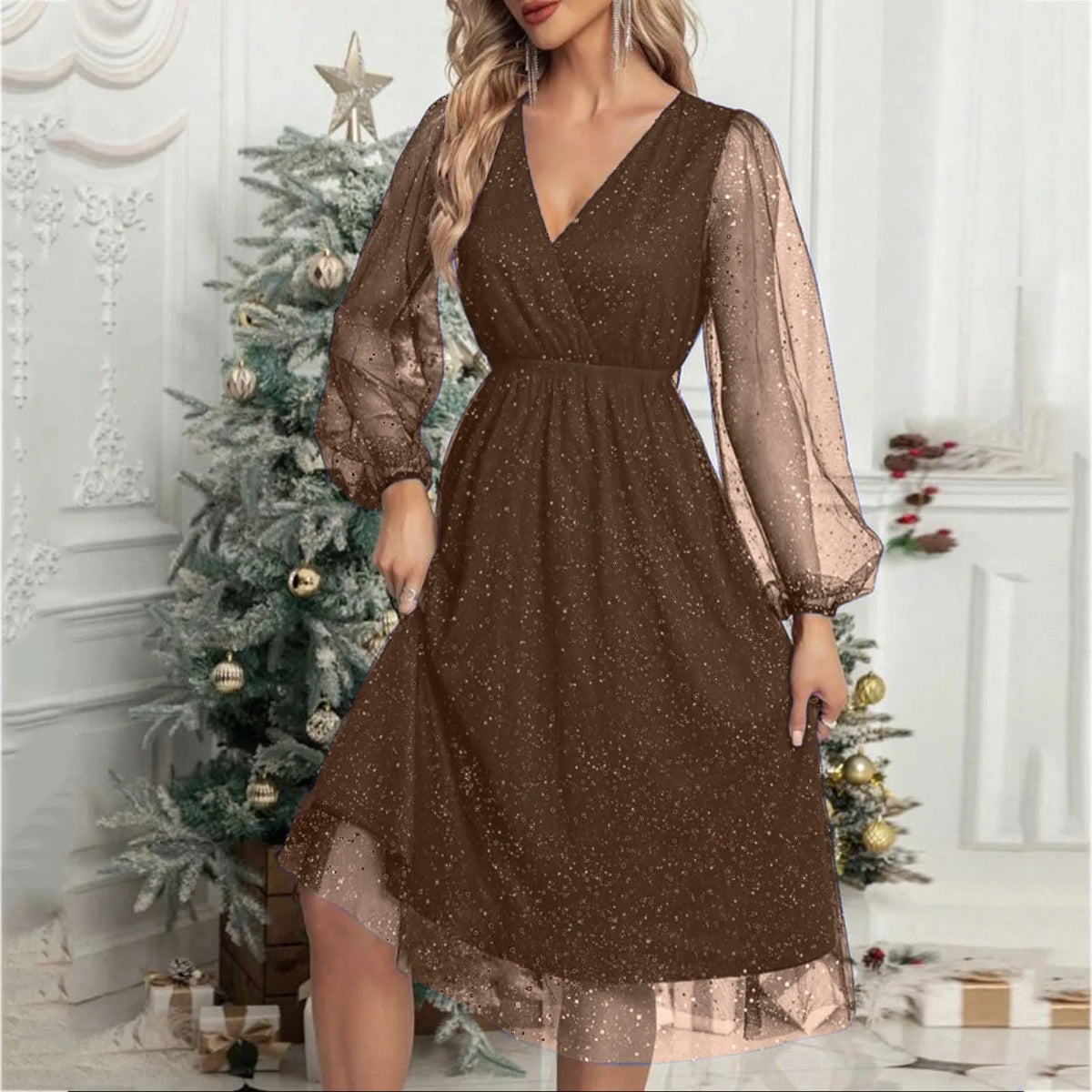 Glitter Mesh V-Neck Long Sleeve A-Line Midi Party Dress - View 5