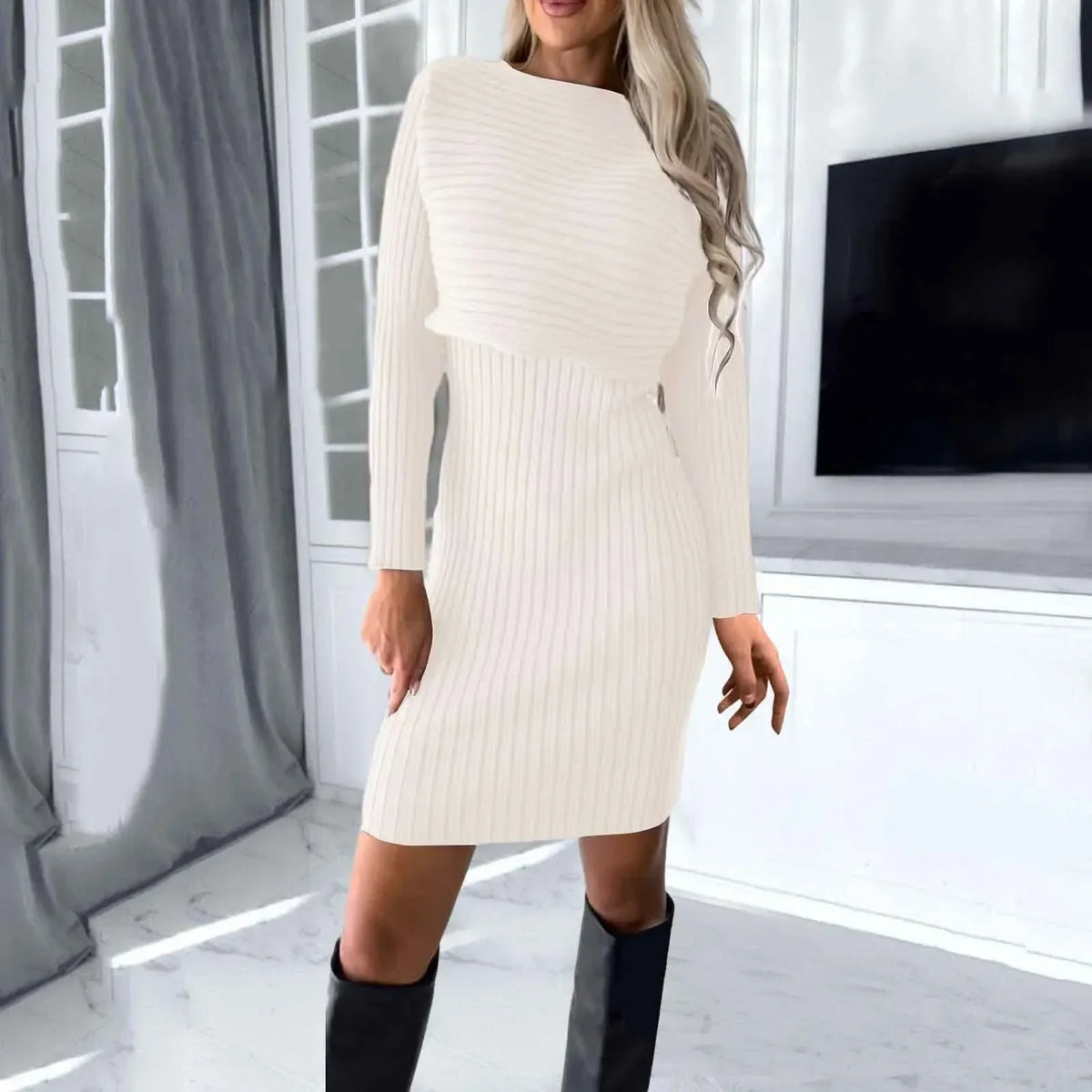 Ribbed Knit Boat Neck Long Sleeve Bodycon Sweater Mini Dress - View 5