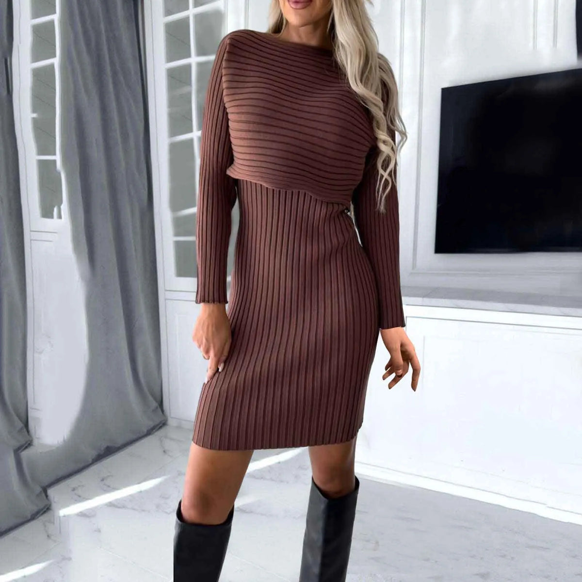 Ribbed Knit Boat Neck Long Sleeve Bodycon Sweater Mini Dress - View 8