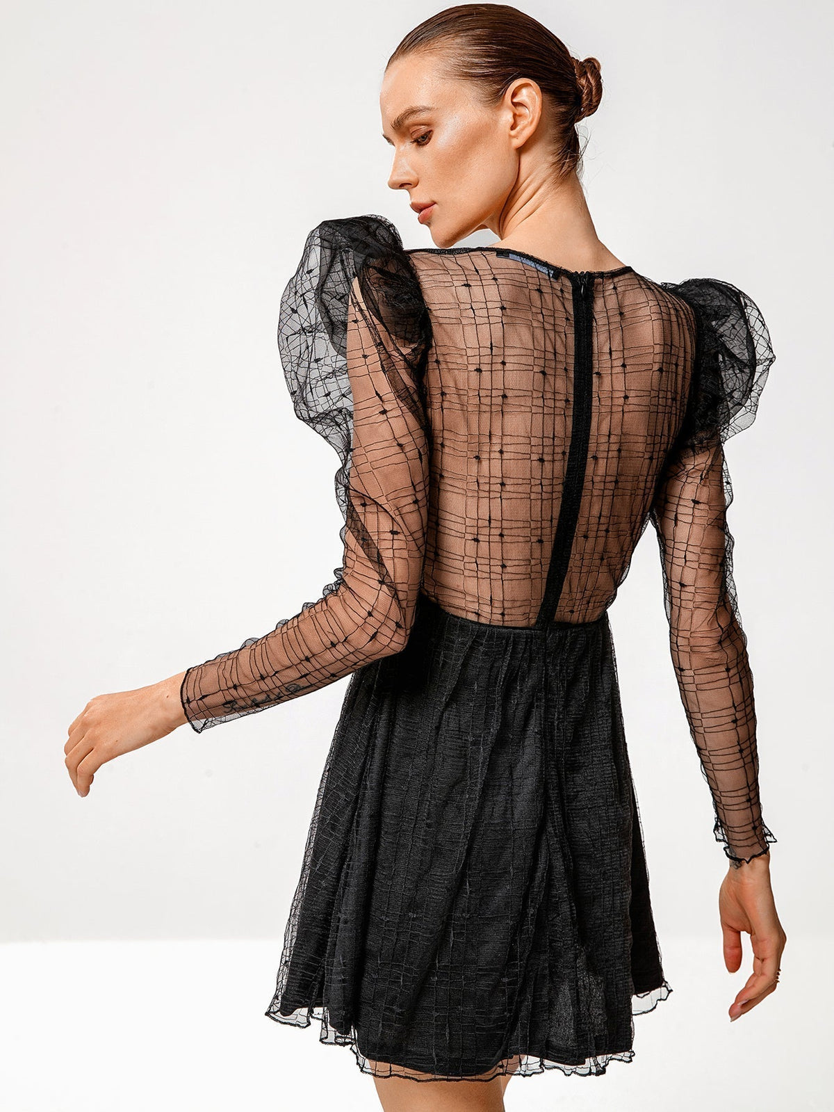 Mesh Grid Overlay Puff Sleeve Sweetheart Fit and Flare Mini Dress - View 3