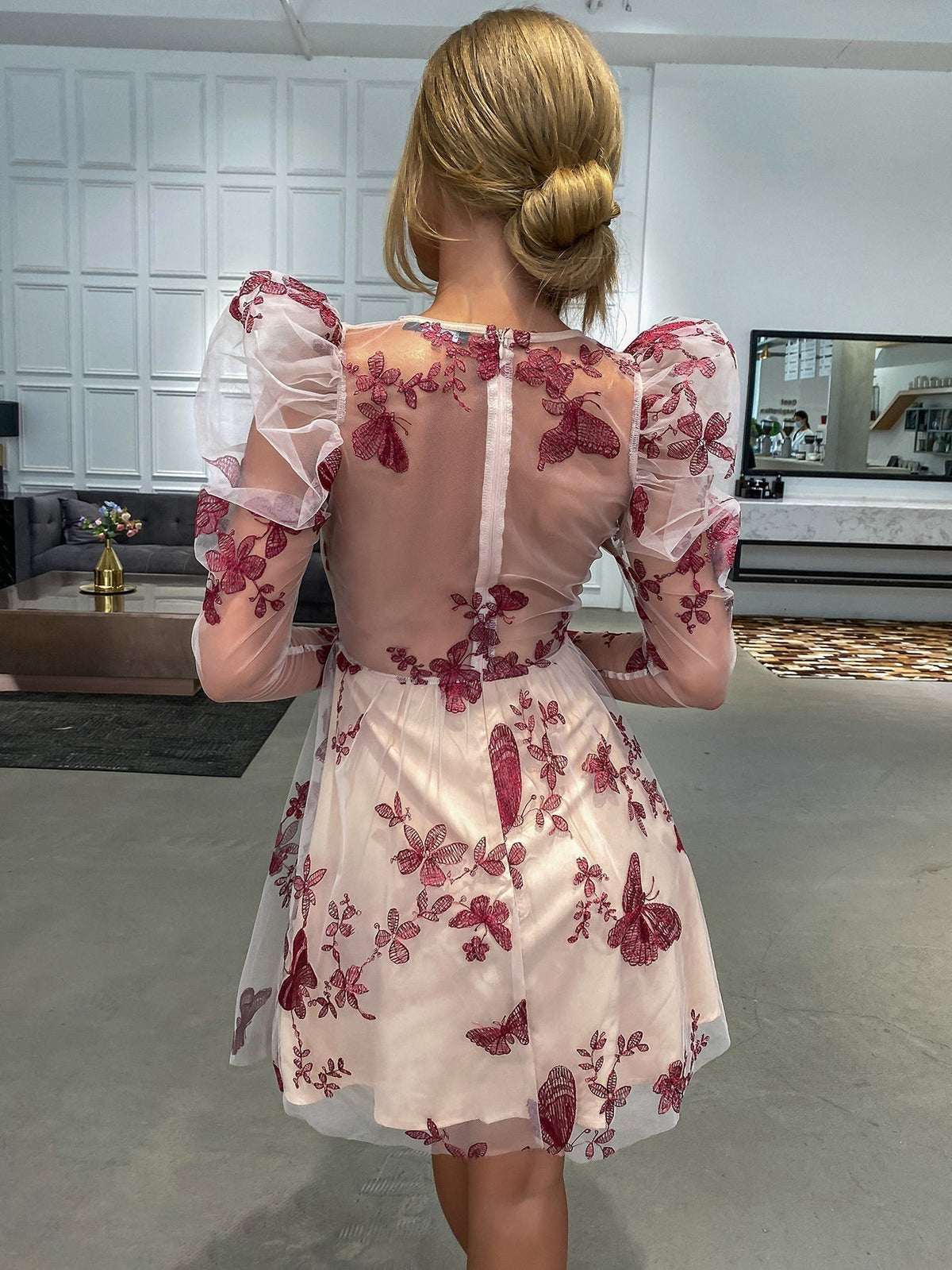 Mesh Grid Overlay Puff Sleeve Sweetheart Fit and Flare Mini Dress - View 7