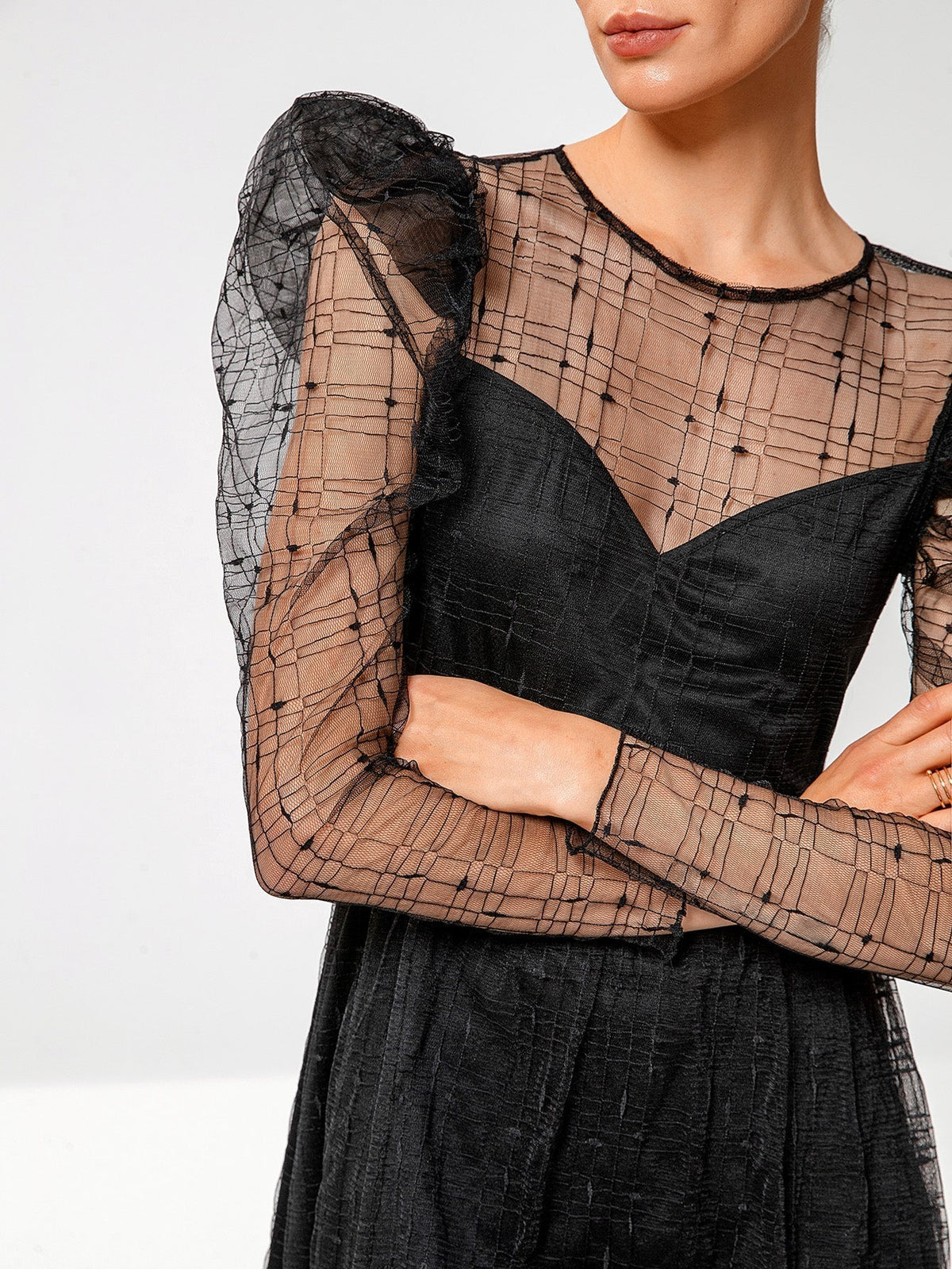 Mesh Grid Overlay Puff Sleeve Sweetheart Fit and Flare Mini Dress - View 4