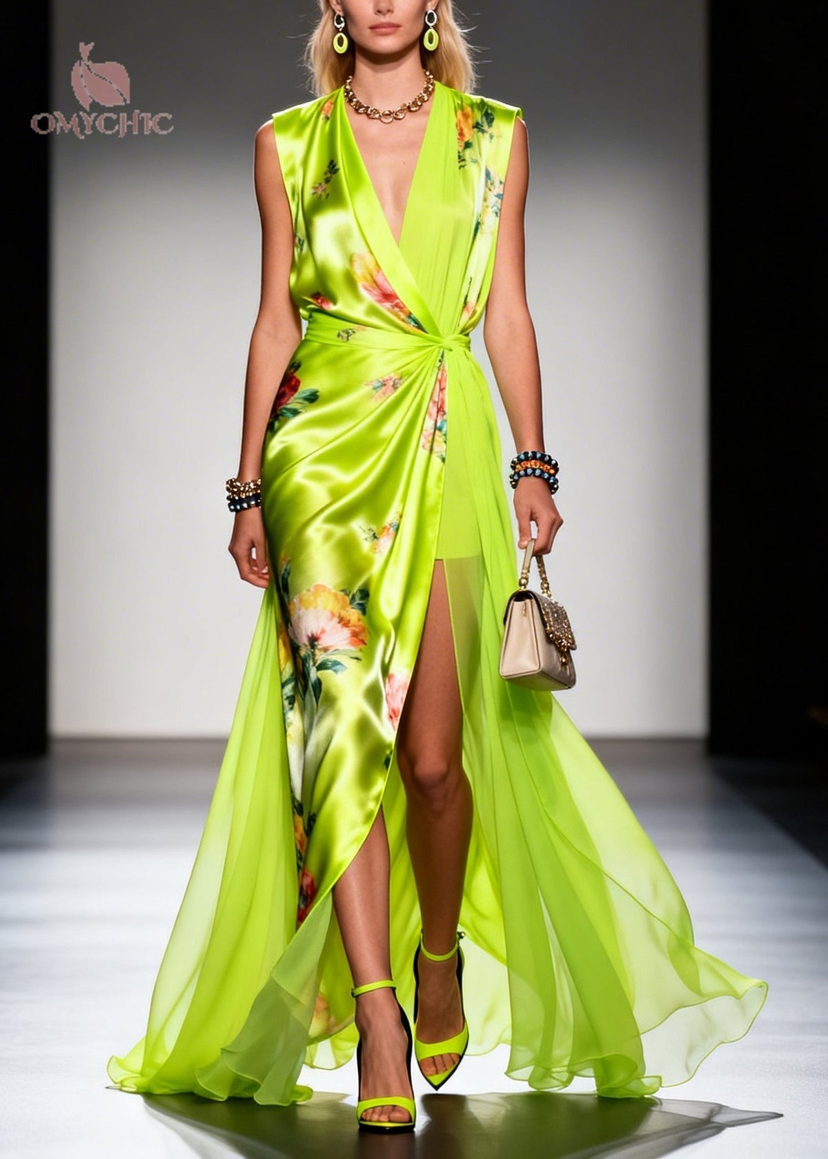 Floral Print Spaghetti Strap Deep V-Neck Wrap Maxi Gown