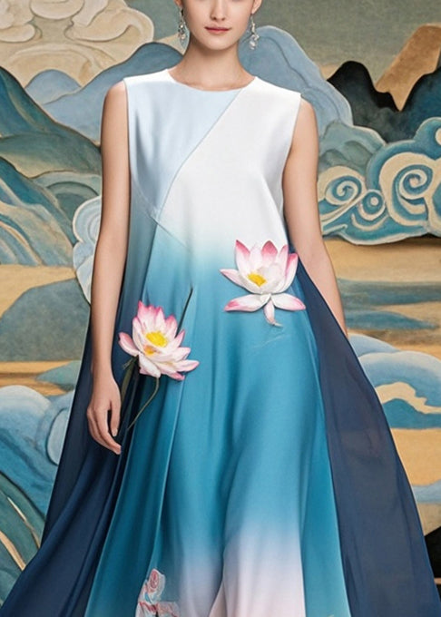 Chiffon Round Neck Sleeveless Lotus Appliqué Landscape Print Maxi Gown - View 2