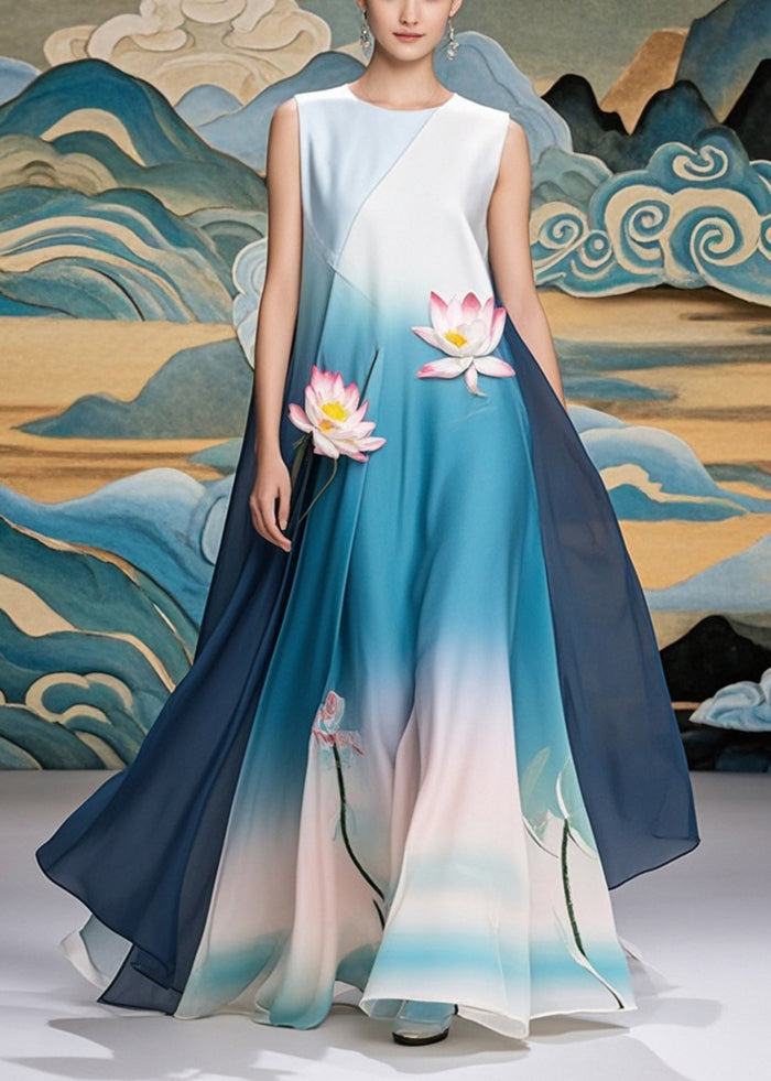 Chiffon Round Neck Sleeveless Lotus Appliqué Landscape Print Maxi Gown - View 5