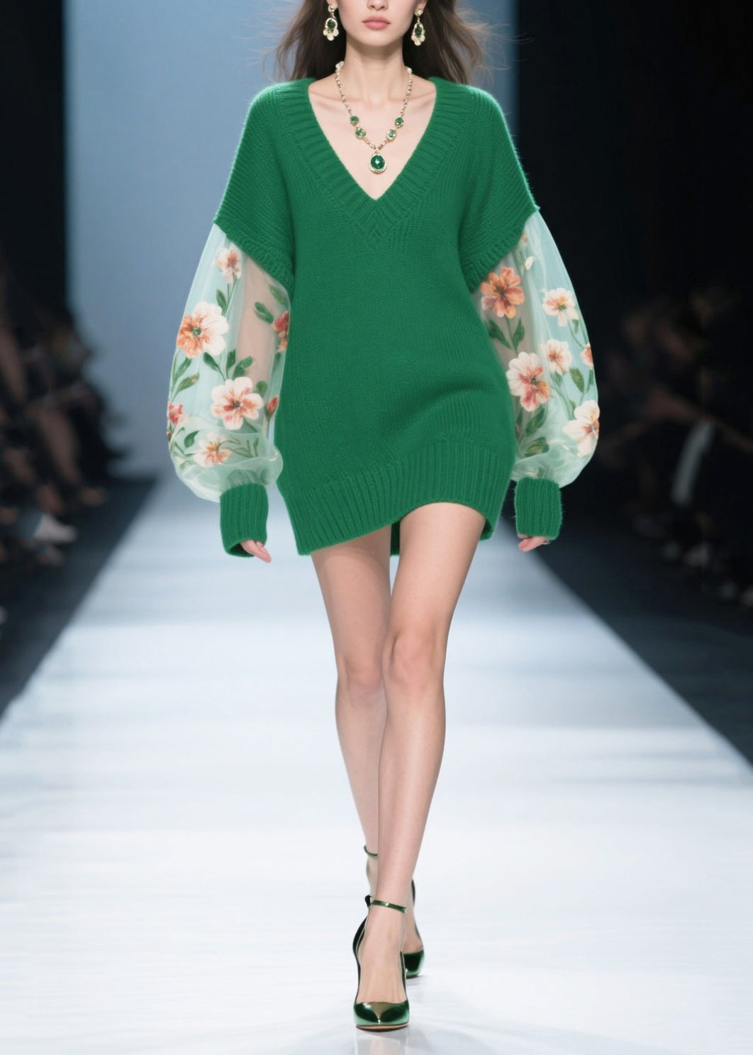 Knit Deep V-Neck Floral Embroidery Sheer Mini Sweater Dress - View 3