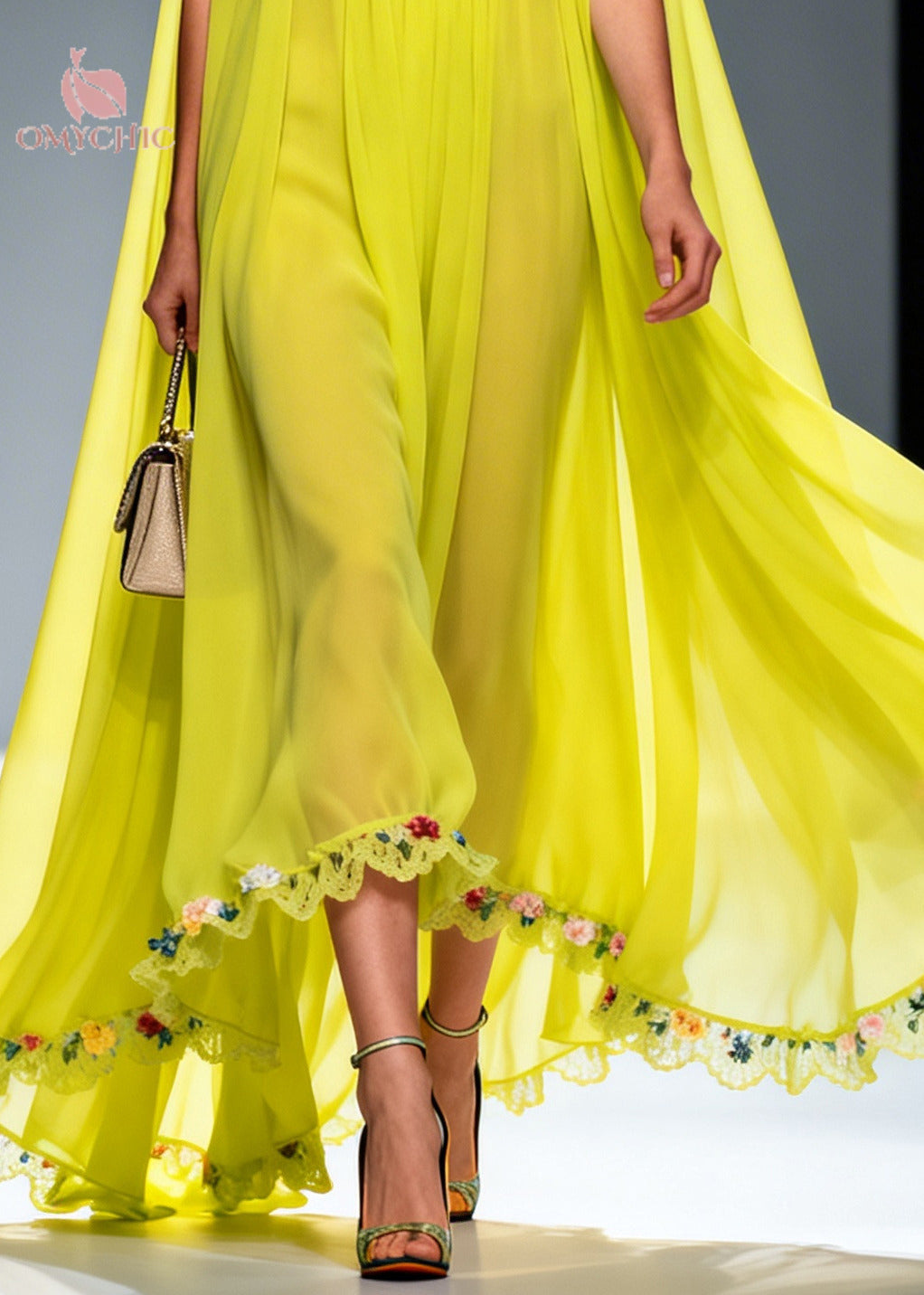 Women Green Ruffled Exra Large Hem Flower Chiffon Robe Dresses Summer - View 4
