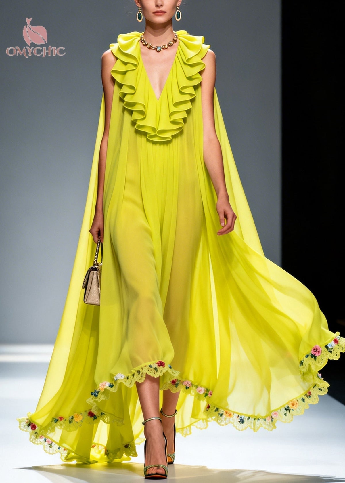 Women Green Ruffled Exra Large Hem Flower Chiffon Robe Dresses Summer - View 5