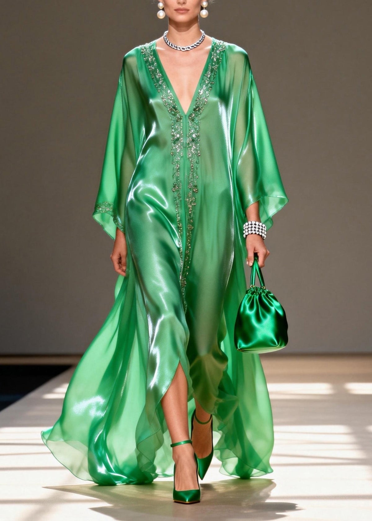 Satin Beaded Trim Deep V-Neck Sleeve High Split Kaftan Maxi Gown - View 3