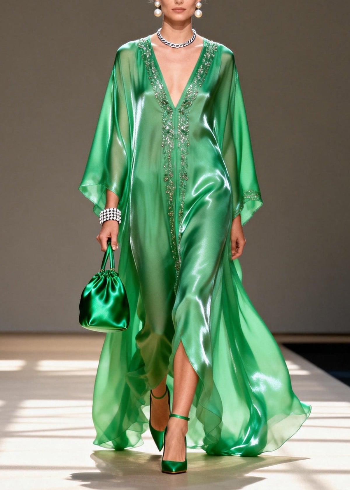Satin Beaded Trim Deep V-Neck Sleeve High Split Kaftan Maxi Gown - View 5