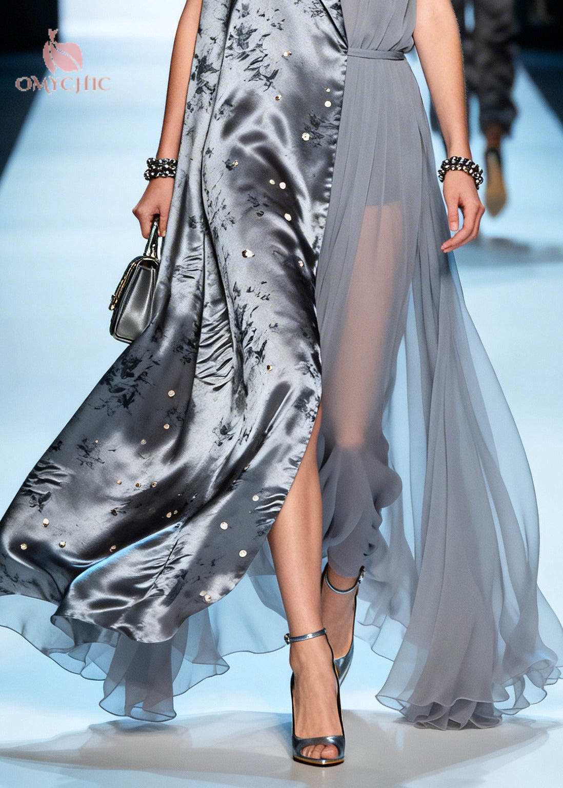 Satin Floral Print Deep V-Neck Sleeveless Belted Split Maxi Gown - View 4