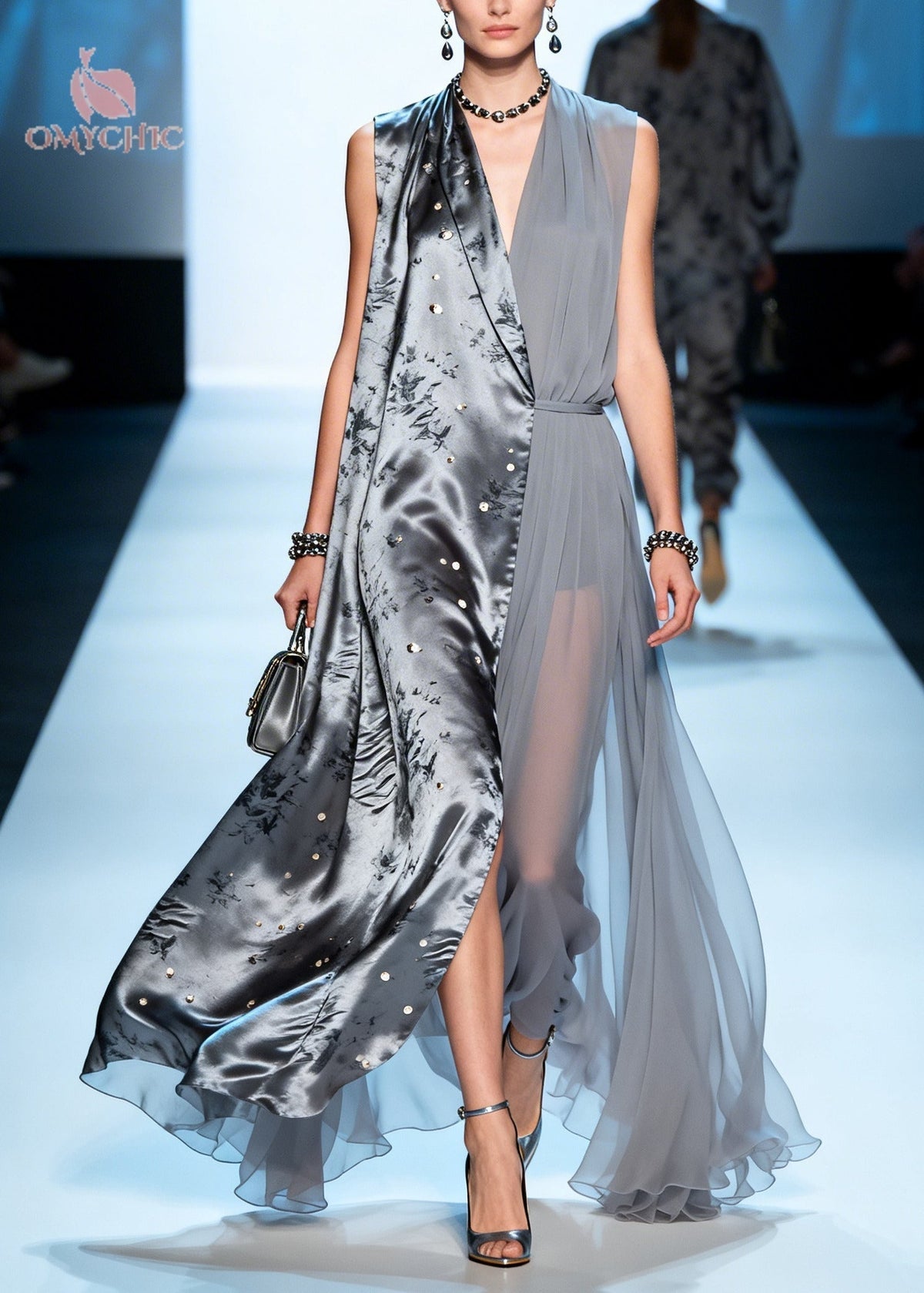 Satin Floral Print Deep V-Neck Sleeveless Belted Split Maxi Gown - View 5