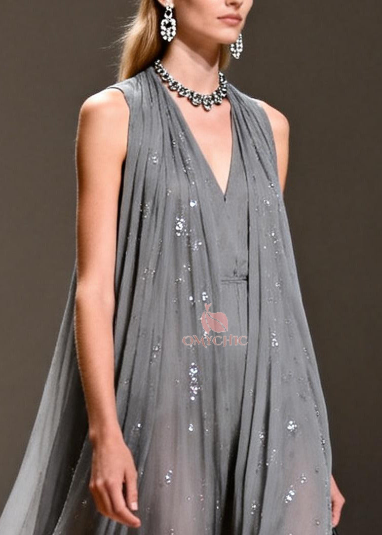 Sequin Chiffon Deep V-Neck Sleeveless Pleated Maxi Gown - View 2