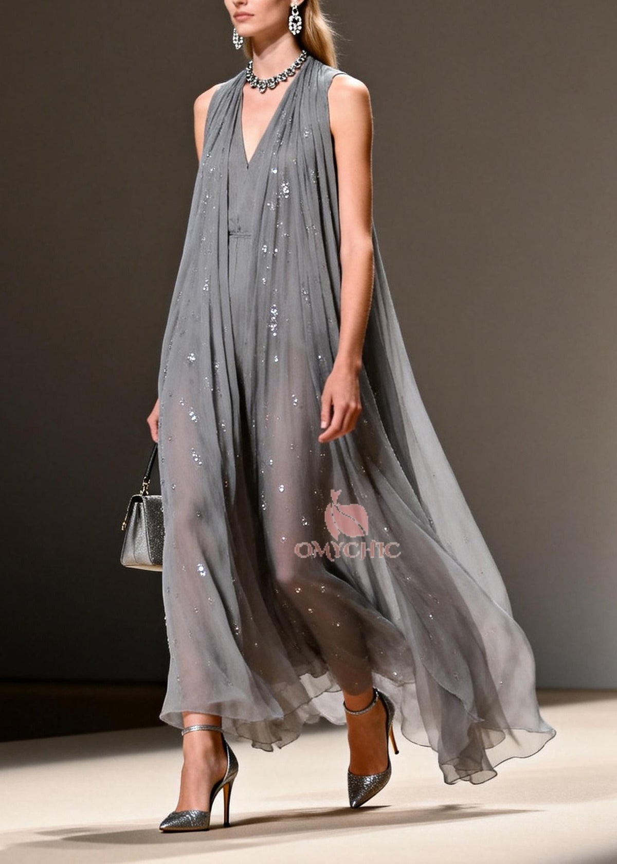 Sequin Chiffon Deep V-Neck Sleeveless Pleated Maxi Gown - View 3