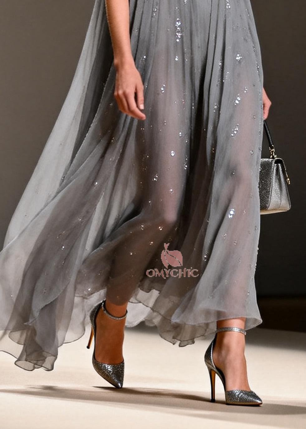 Sequin Chiffon Deep V-Neck Sleeveless Pleated Maxi Gown - View 4