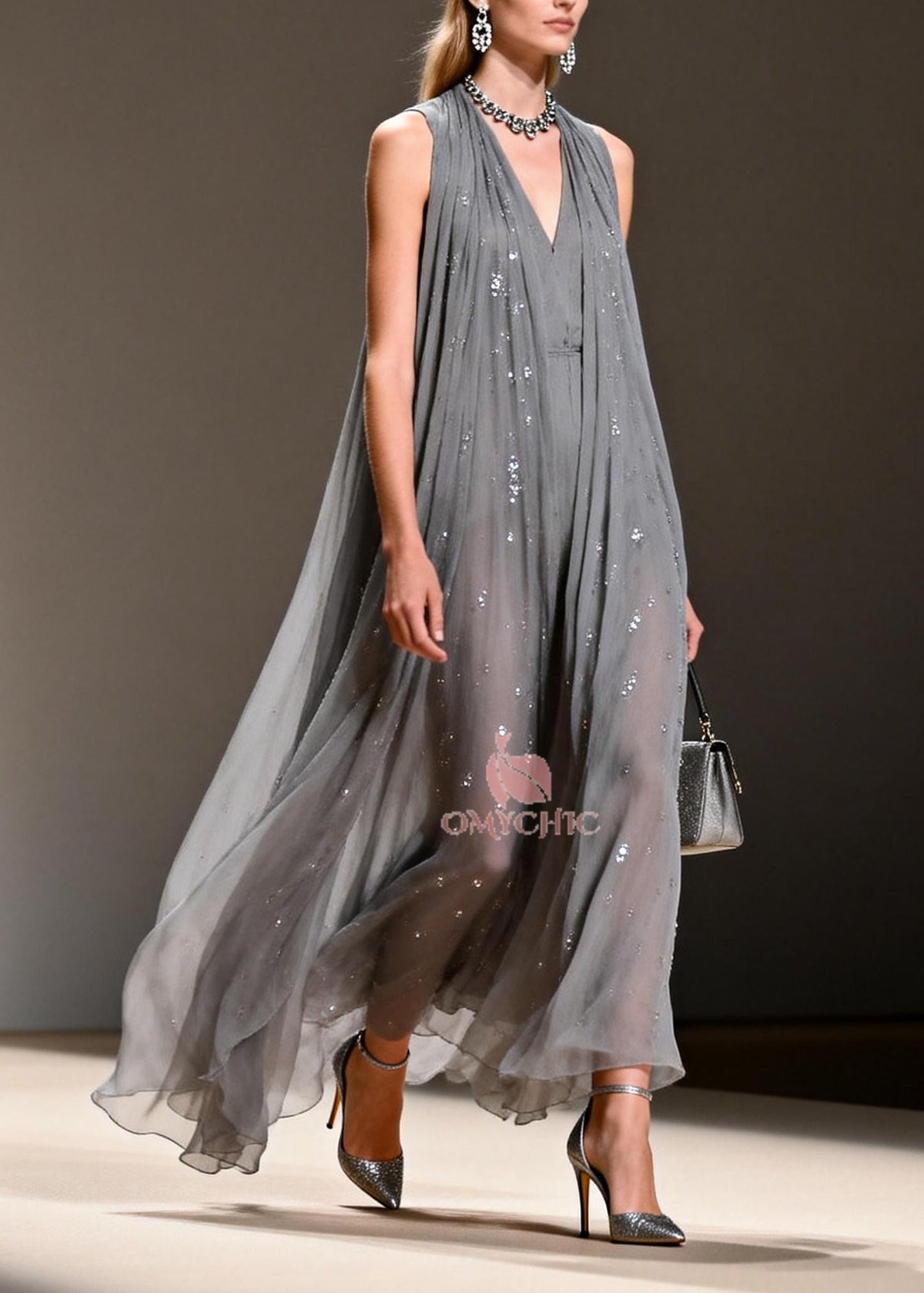 Sequin Chiffon Deep V-Neck Sleeveless Pleated Maxi Gown - View 5