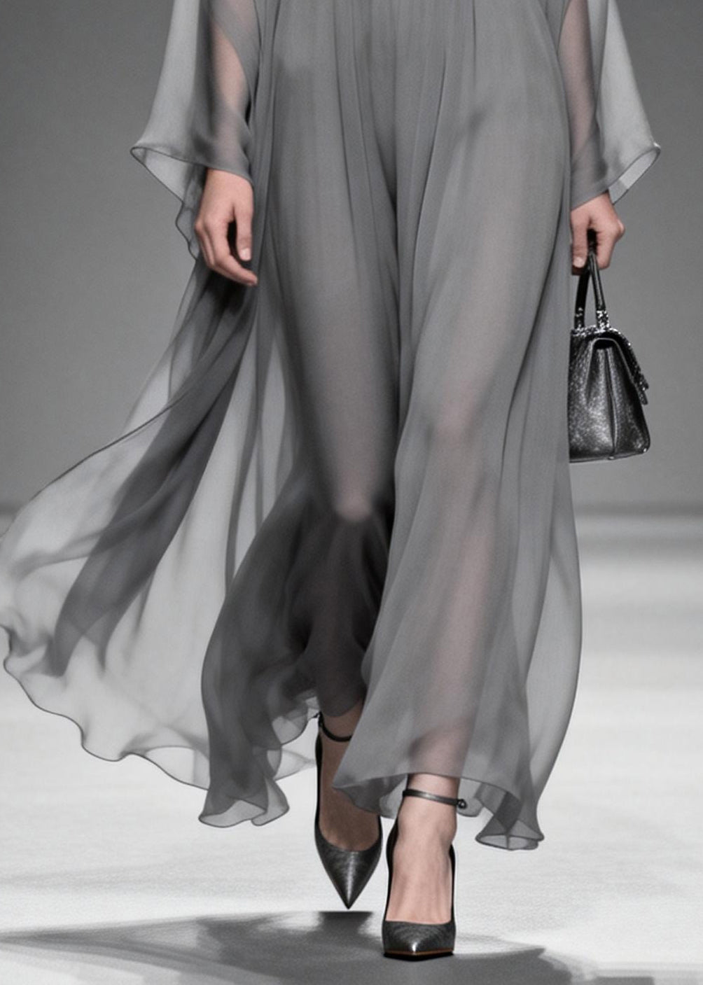 Women Grey V Neck Patchwork Chiffon Maxi Dress Summer - View 4